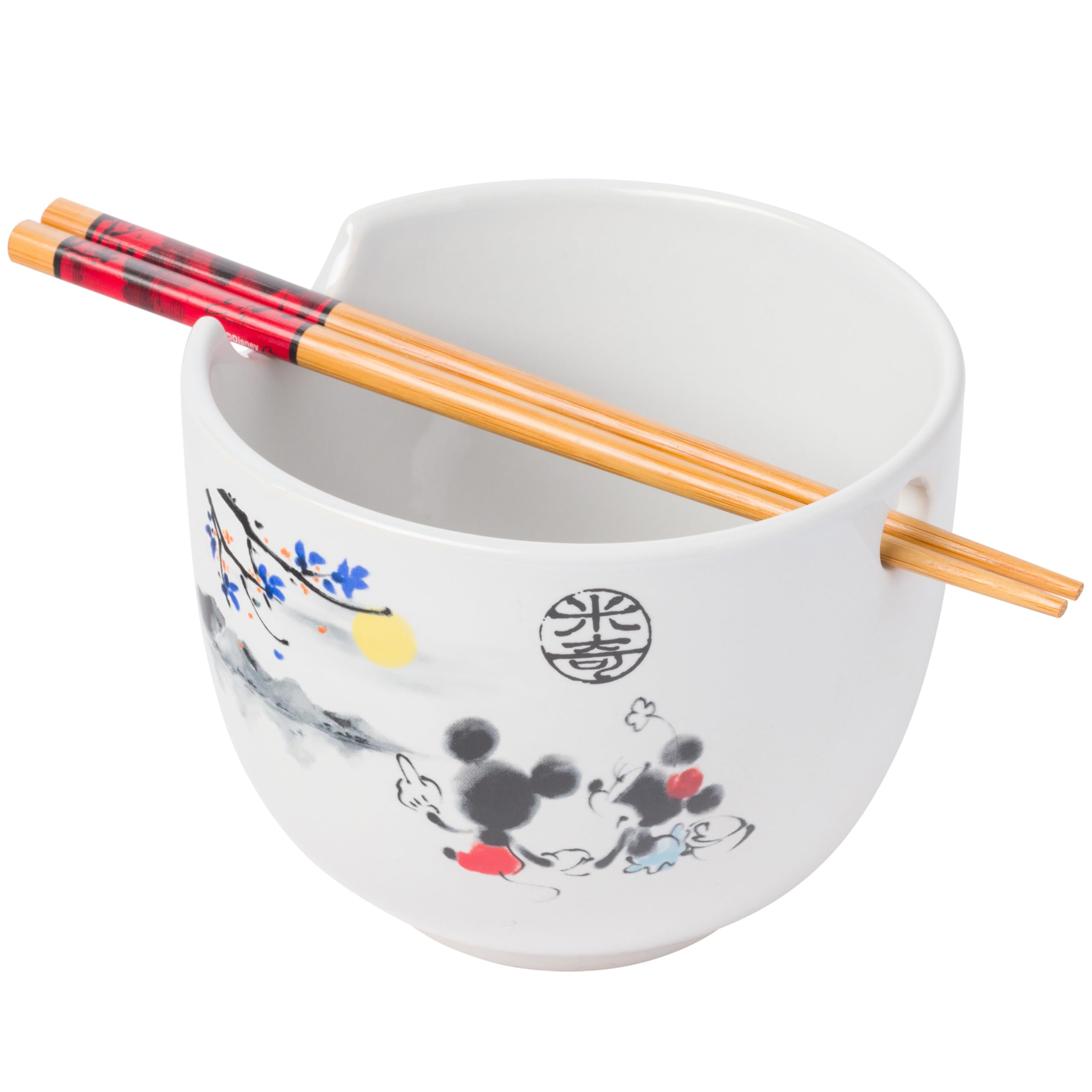 Silver Buffalo Disney Mickey and Minnie Watercolor Watching the Sunset Ceramic Ramen Noodle Rice Bowl with Chopsticks, Microwave Safe, 20 Ounces
