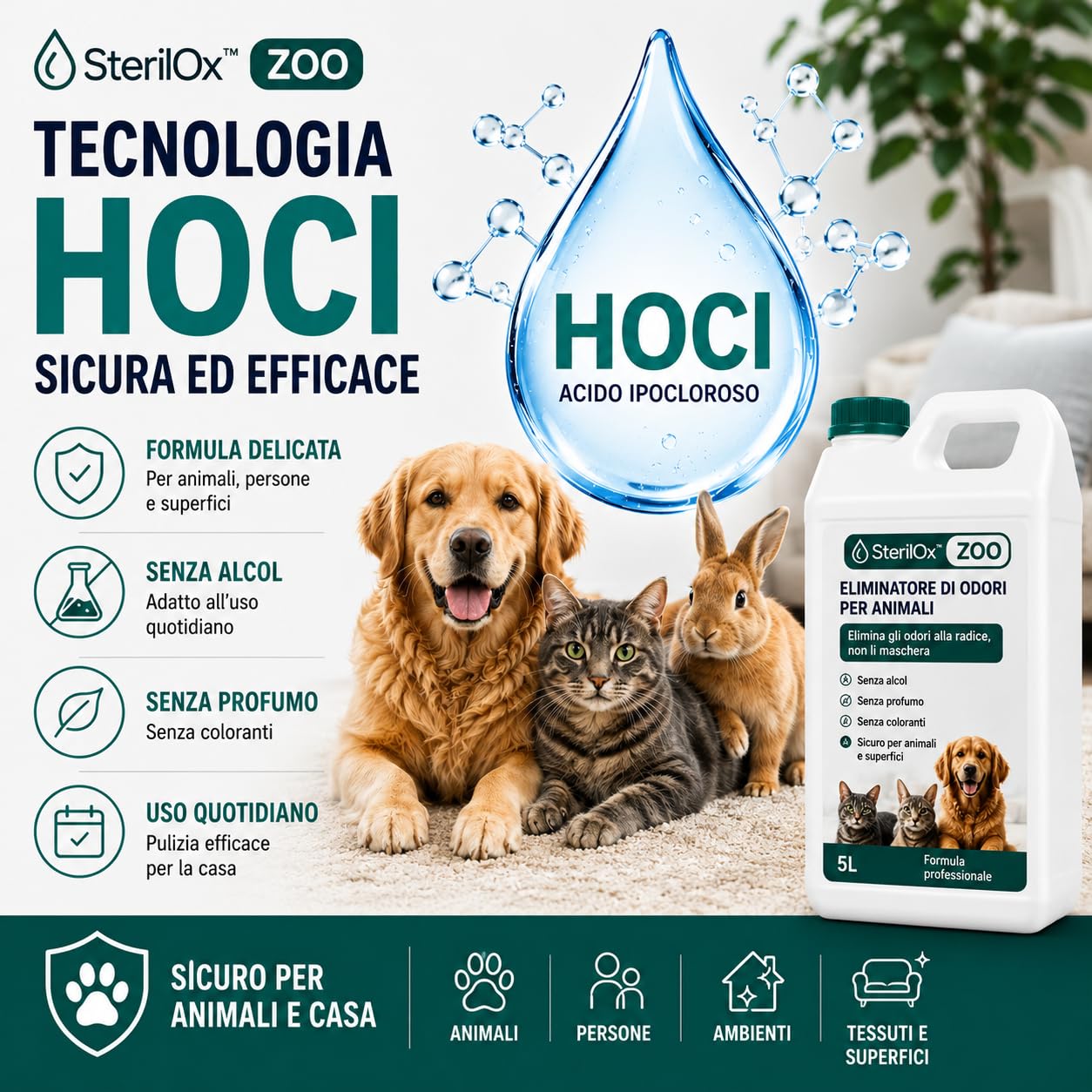 ZOO 1L – Eliminatore odori HOCl per cani, gatti e cucce | Neutralizza gli odori • HOCl • Per cani e gatti • Senza alcool