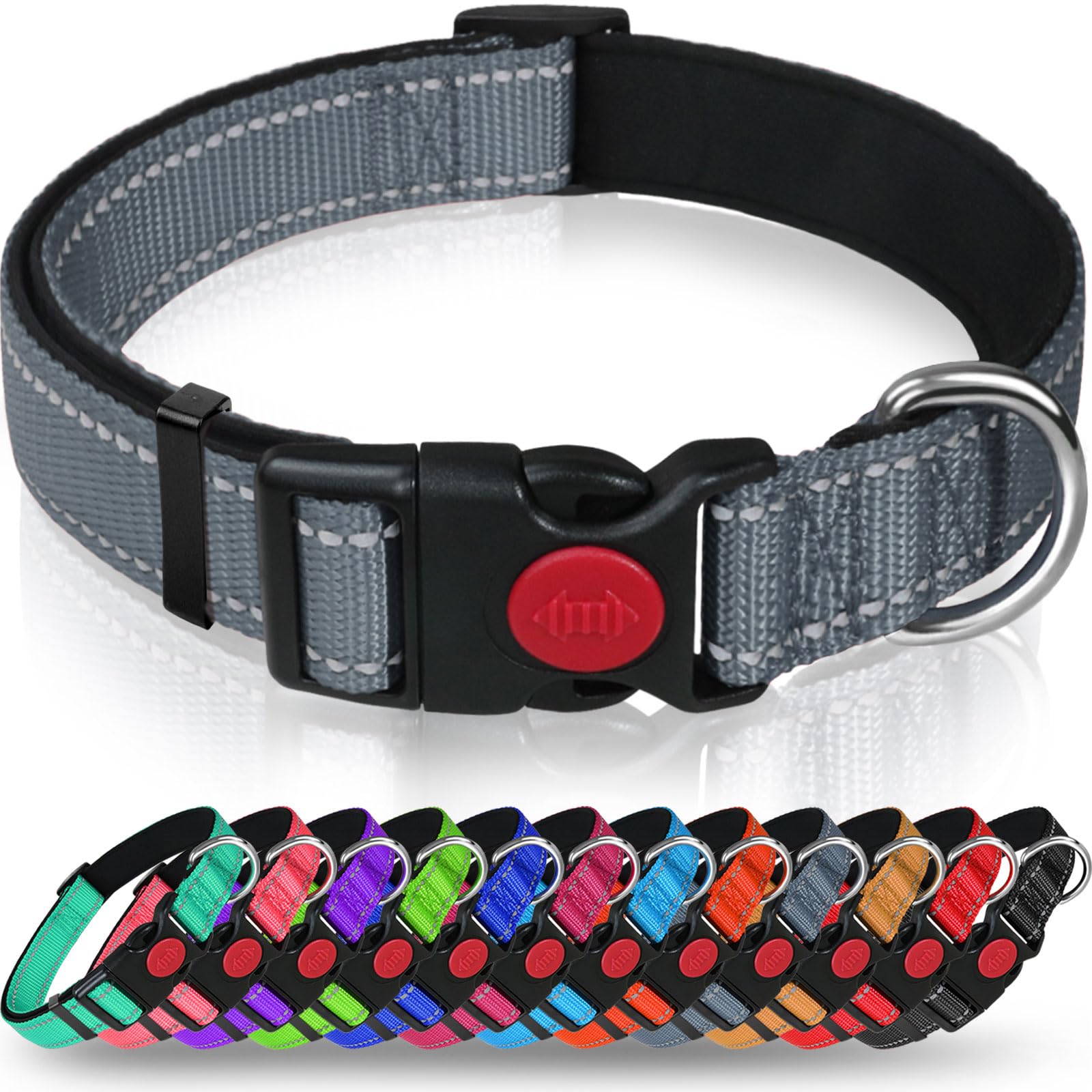 Taglory collare per cani, Imbottito Nylon Regolabile Traspirante Riflettente Collari per Cani di Taglia Piccola, Grigio