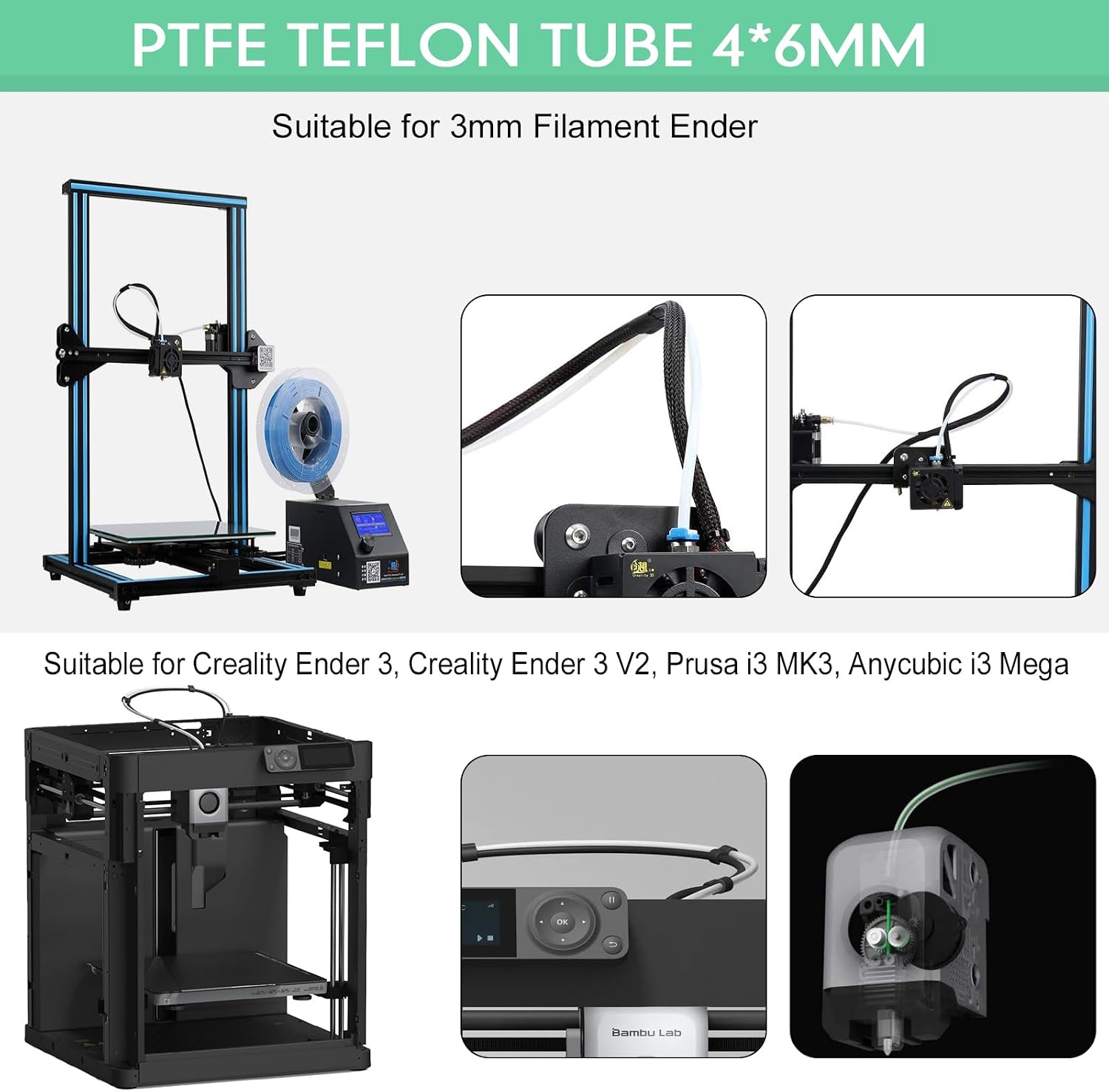 PTFE Teflon tubing 16.5ft 5m with Cutter, 4mm ID X 6mm OD 3D Printer Bowden Tube for 3mm Filament Ender (Milk White) thumbnail