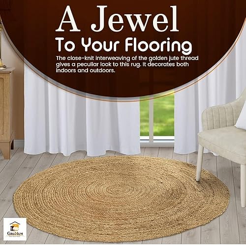 Miniatura 8 de Alfombra de yute tejida a mano de 4 pies, redonda, de fibra natural, bohemia, suave, trenzada, rústica, vintage, beige, reversible, ecológica, para
