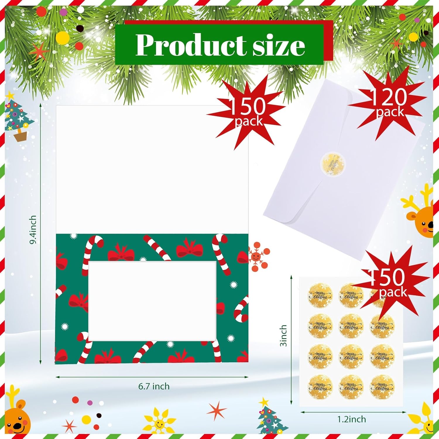 Zhanmai 150 Set Christmas Photo Frame Greeting Cards with Envelopes and Stickers Christmas Cute Holiday Gift Card Set Holder Vintage Christmas Cards Assortment for 4" x 6" Photos