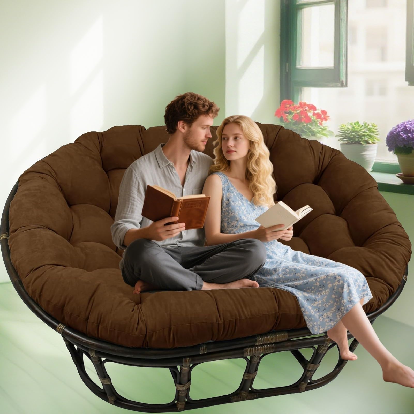 DLLDLGG Double Papasan Cushion Only, Thick Soft Tufted Wicker Egg Hanging Chair Cushion, Outdoor Oversized Overstuffed Round Chair Pad for Patio Garden Balcony Porch