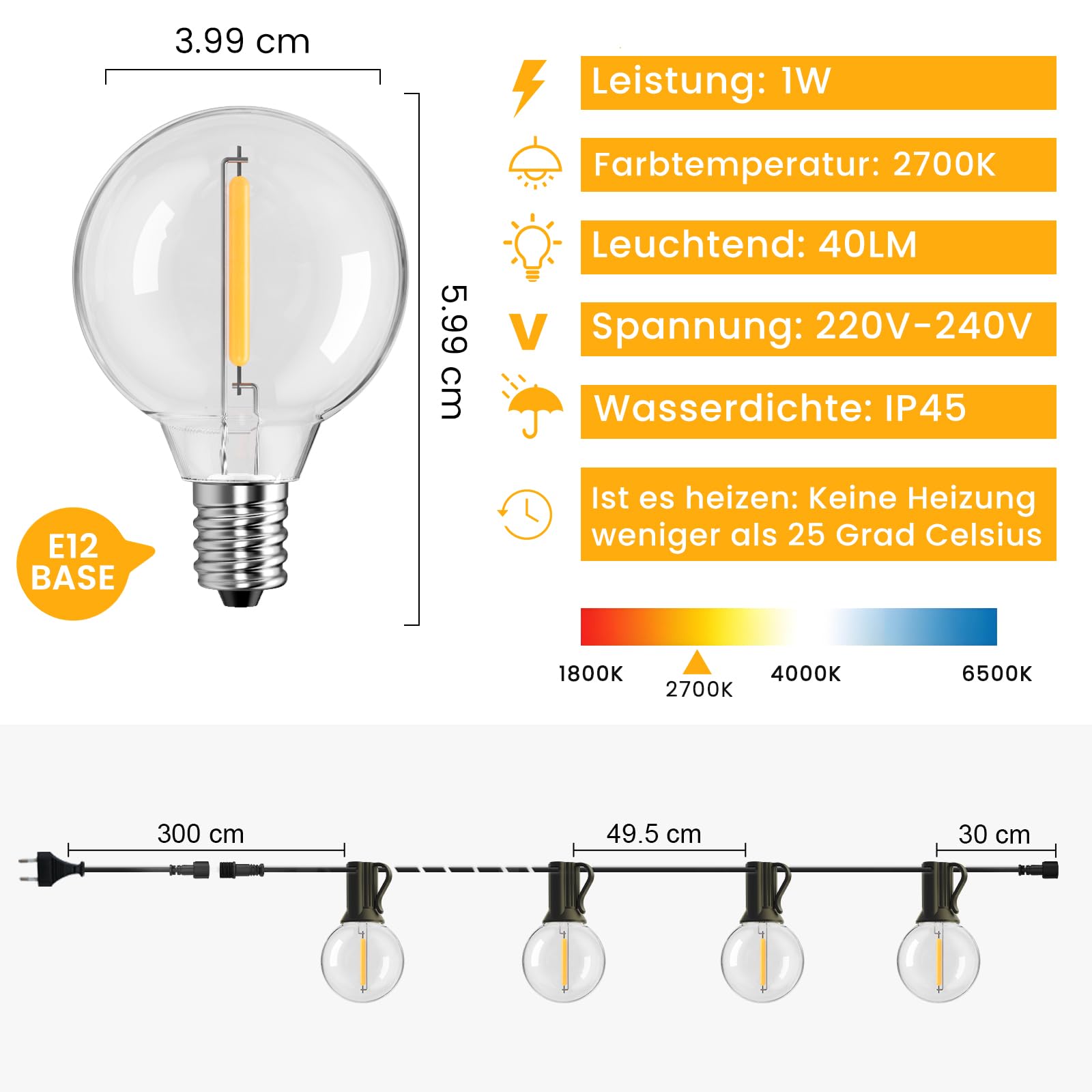 60M Lichterkette Außen Strom - IP45 Wasserdicht mit 100+4 G40 Glühbirnen (Warmweiß), Outdoor LED lichterketten Kann in Reihe Geschaltet Werden 300M (60M)
