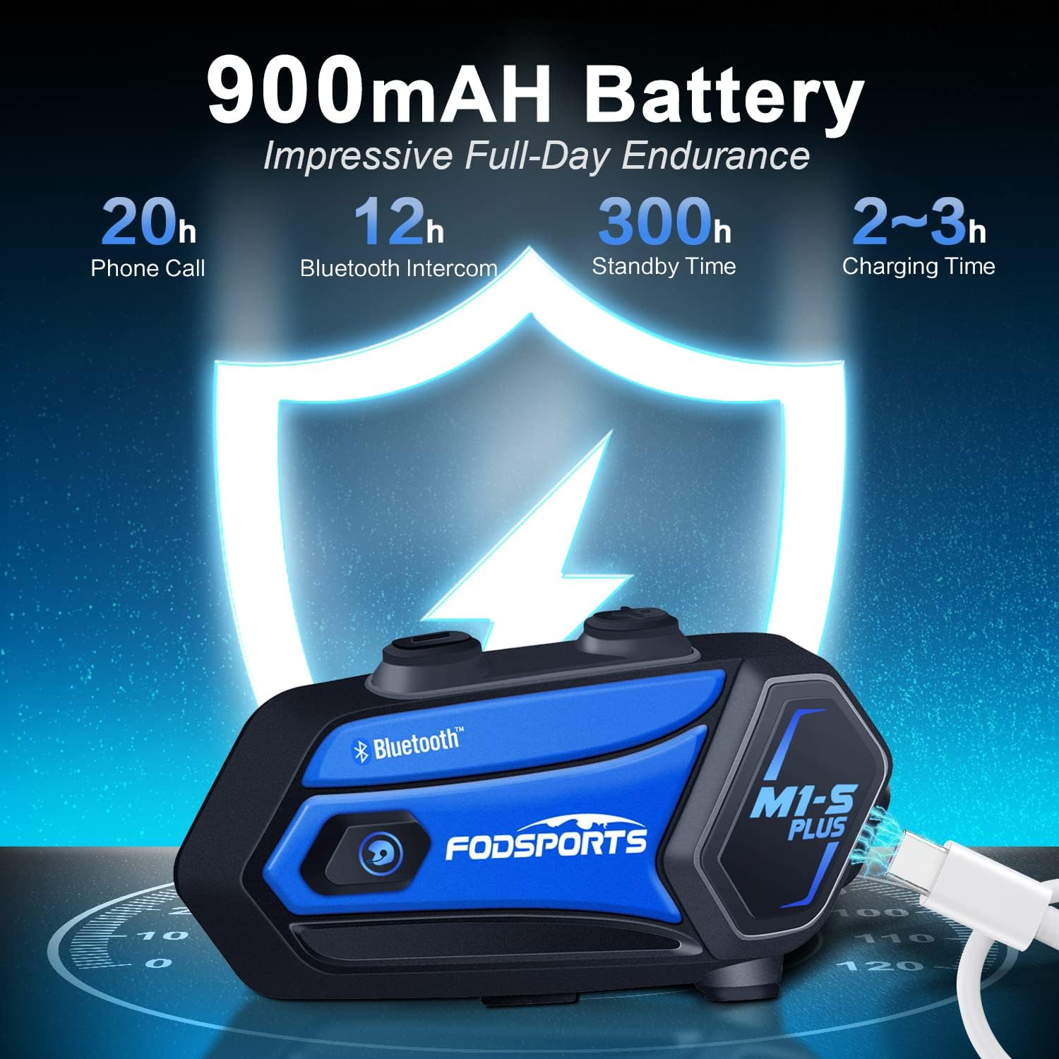 Fodsports M1-S Plus showing battery life and charging details