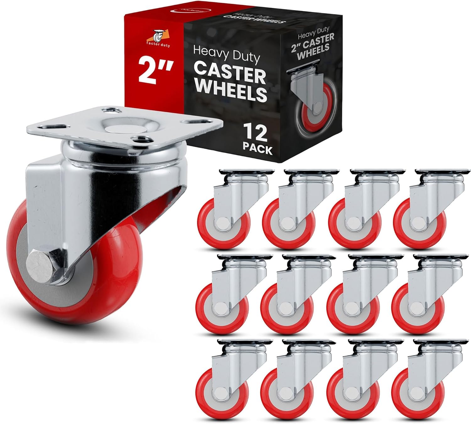 Pack of 12 Caster Wheels Swivel Plate on Red Polyurethane Wheels 3" no Brake