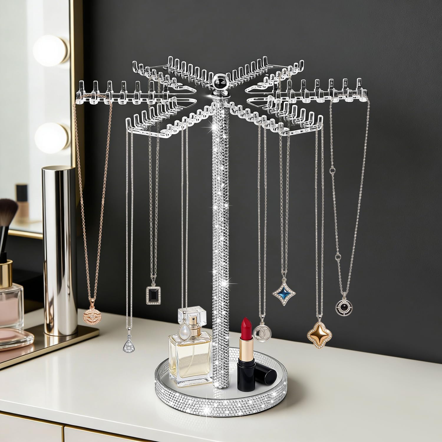 Yivaiks Bling Acrylic Necklace Organizer,GLitter Necklace Holder Stand,Shiny Jewelry Organizer Display Hanger Rack with Bilateral Hooks for Pendant Bracelets Ring for Women Girl (Six Sides Rotation)
