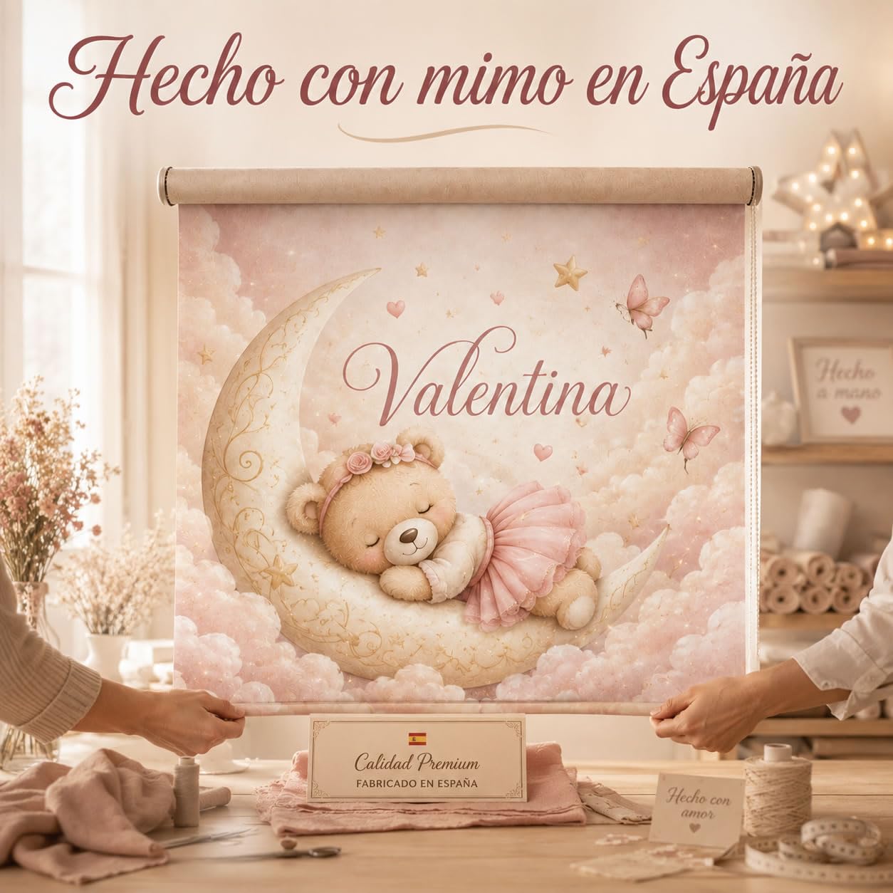 Estor Enrollable Infantil Niña a Medida – Osita Luna – Tejido Translucido Calidad - Decoración Habitación Infantil – Hecho en España
