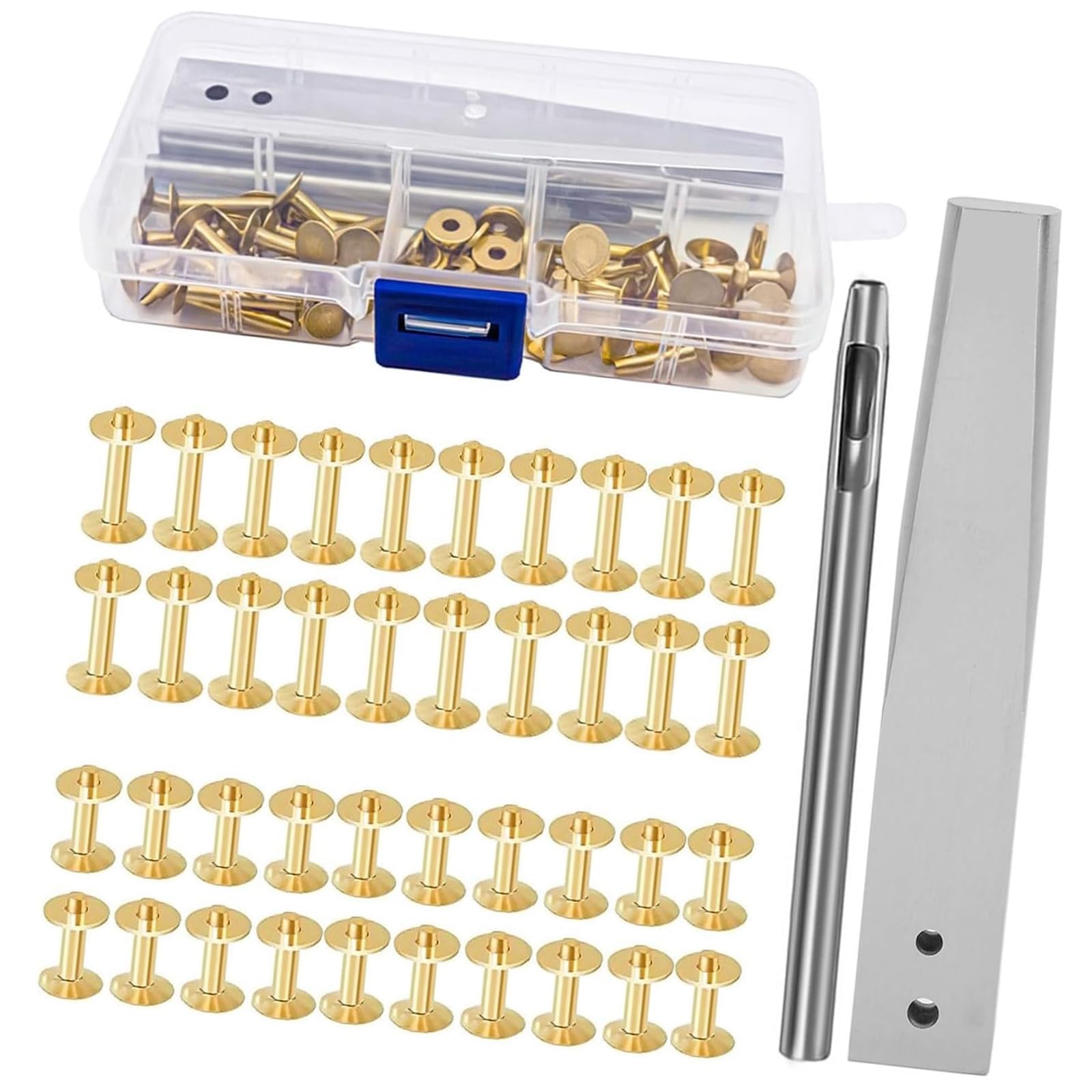 Carotoe Brass Color 42Pcs Leather Rivets Set Heavy Duty Metal Studs Rivets With Hole Puncher Installing Tool For Belt Wallet Bag Crafting Handcraft Hit Set