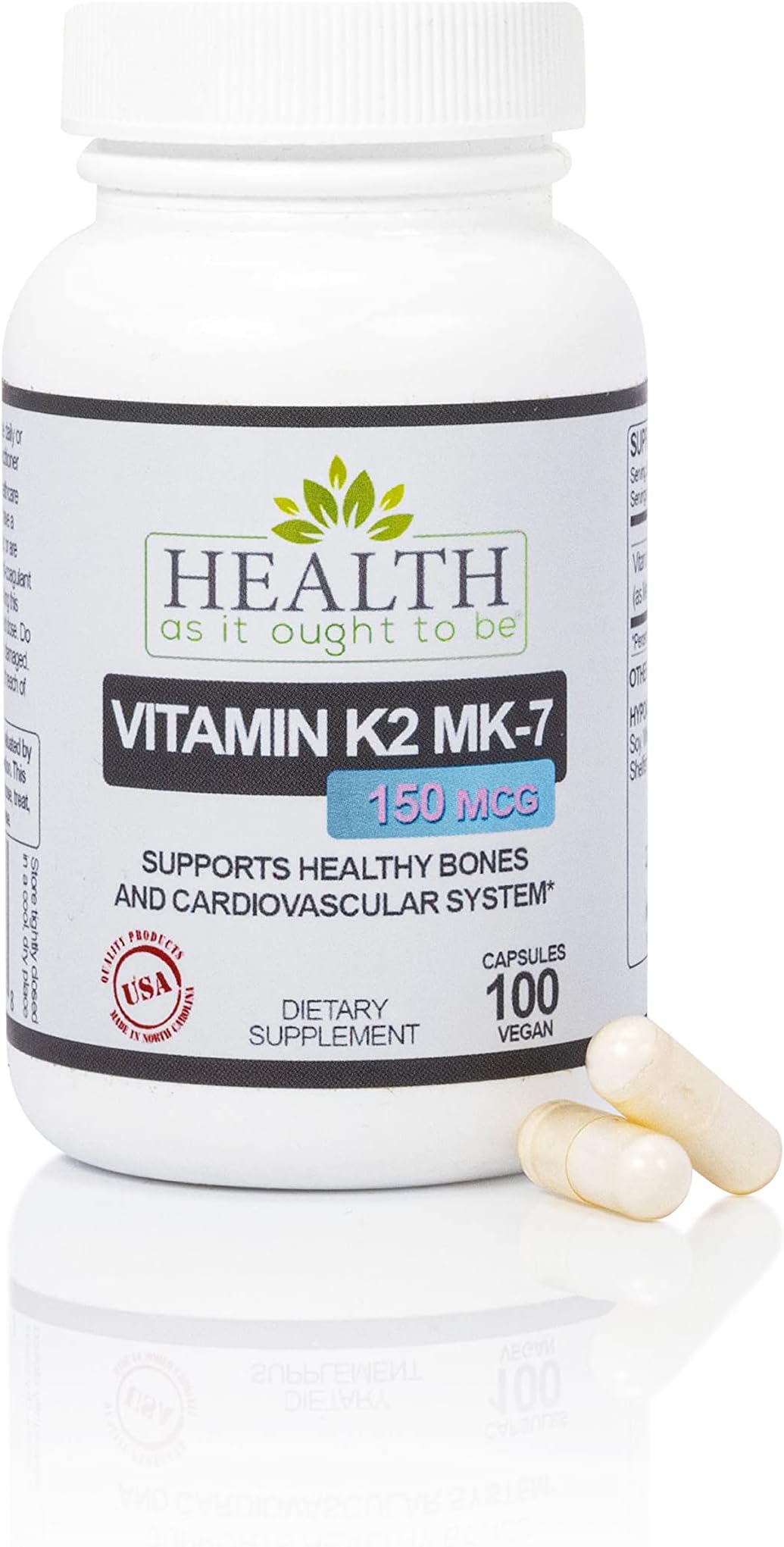 Best Vitamin K2 MK-7 150mcg 100 Capsules - Safest/Most Effective Form (Does not contain K1 or MK4) - Works with Vitamin D - Soy Free - Tested for Purity and Strength - 30 Day.