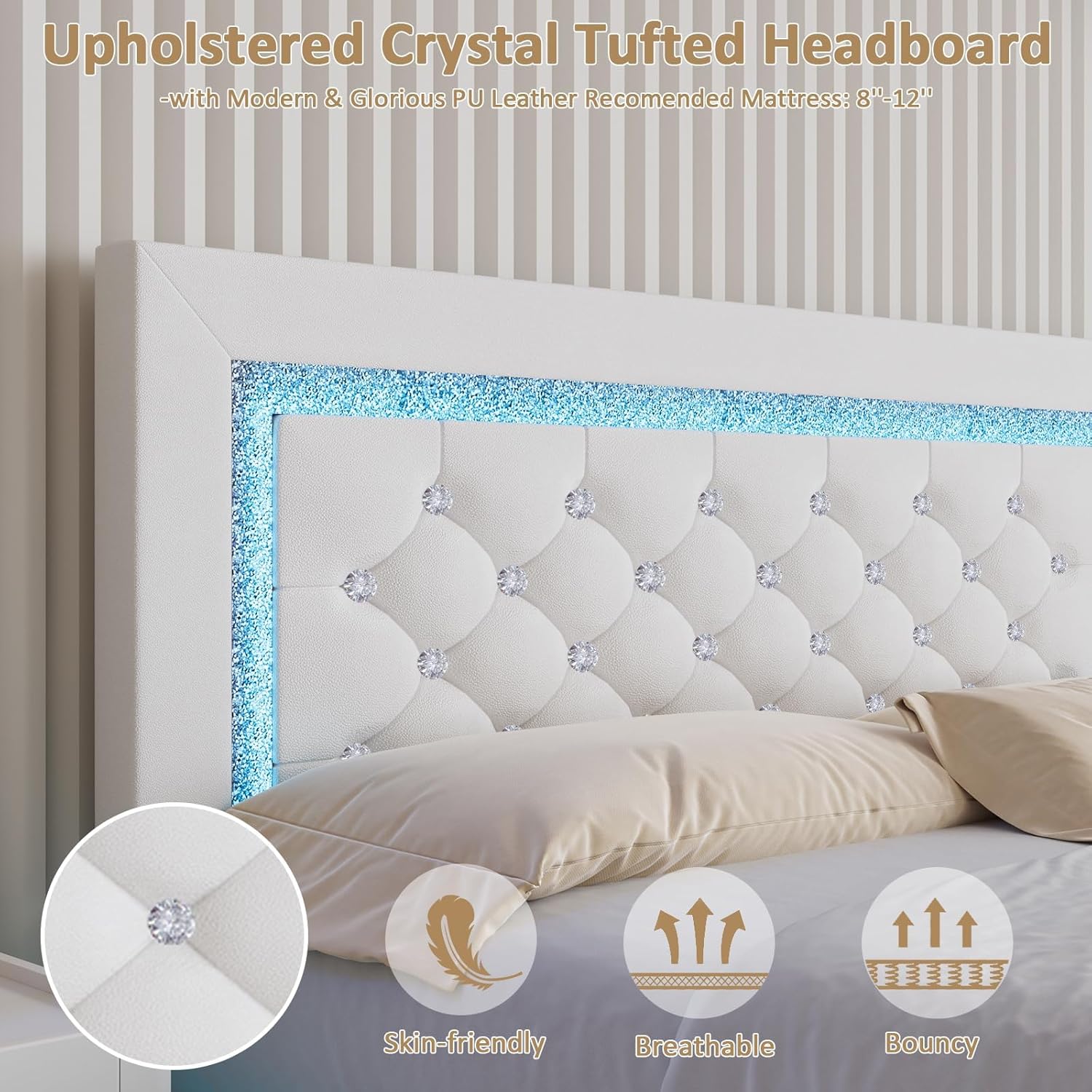 BarnFurin Floating Bed Frame Twin with LED Lights, Upholstered Platform Bed with Diamond Tufted Headboard, No Box Spring Needed, Noise Free, Easy Assembly, White