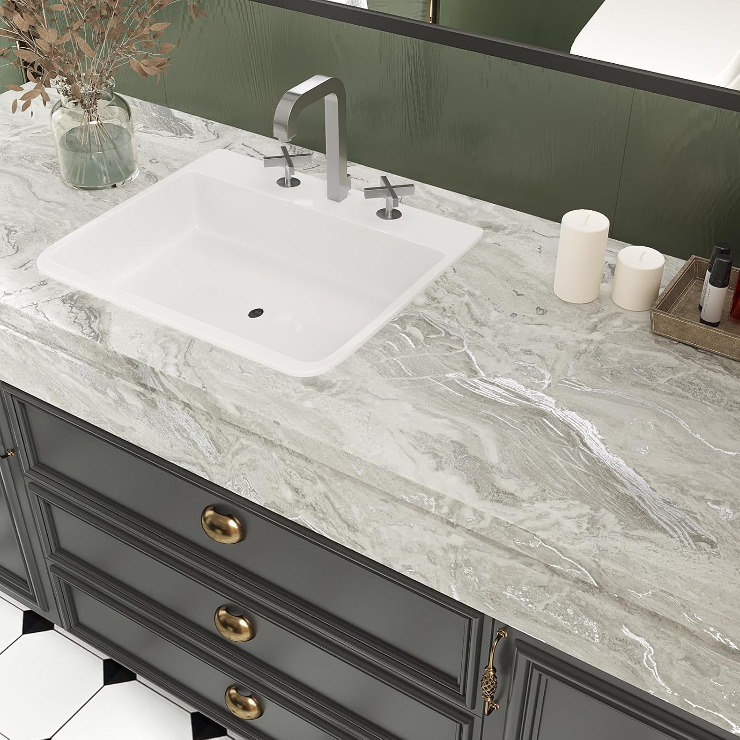 VEELIKE Matte Beige Marble Contact Paper for Countertops with Silver Veins 15.7''x118'' Self Adhesive Marble Countertop Contact Paper Waterproof Marble Wallpaper Peel and Stick Countertops for Kitchen