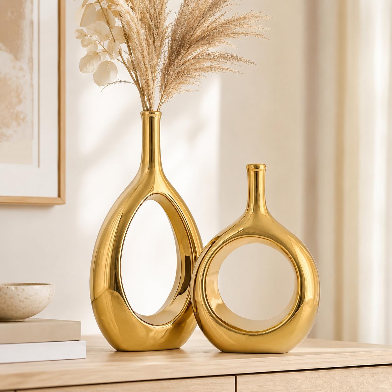Glossy Gold Ceramic Vase Set 2,Modern Hollow Circle with Hole Flower Vase for Ho…