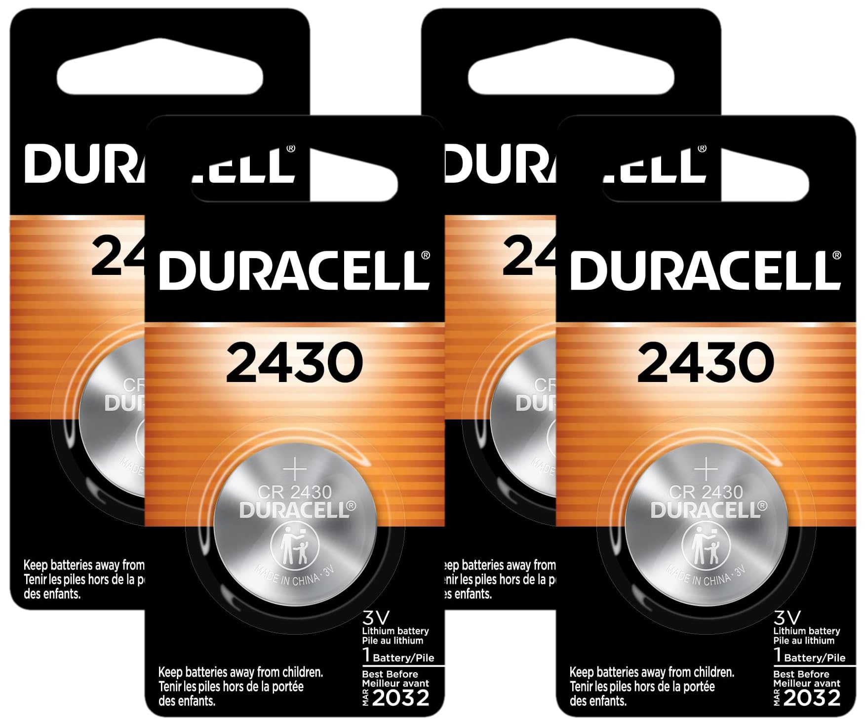 DURACELL 2430 3V Lithium Battery, 1 Count Pack, Lithium Coin Battery for Medical and Fitness Devices, Watches, and More, CR Lithium 3 Volt Cell (Pack of 4)