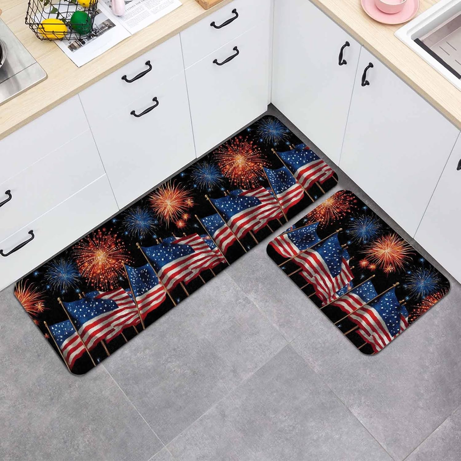 Independence Day Firework Kitchen Mat Set 2 Pieces Watercolor Red Blue Stripe Star American Flag Non Slip Kitchen Rugs Washable Runner Rug Mats for Sink Laundry (15.7" x 23.6"+15.7" x 47.2")
