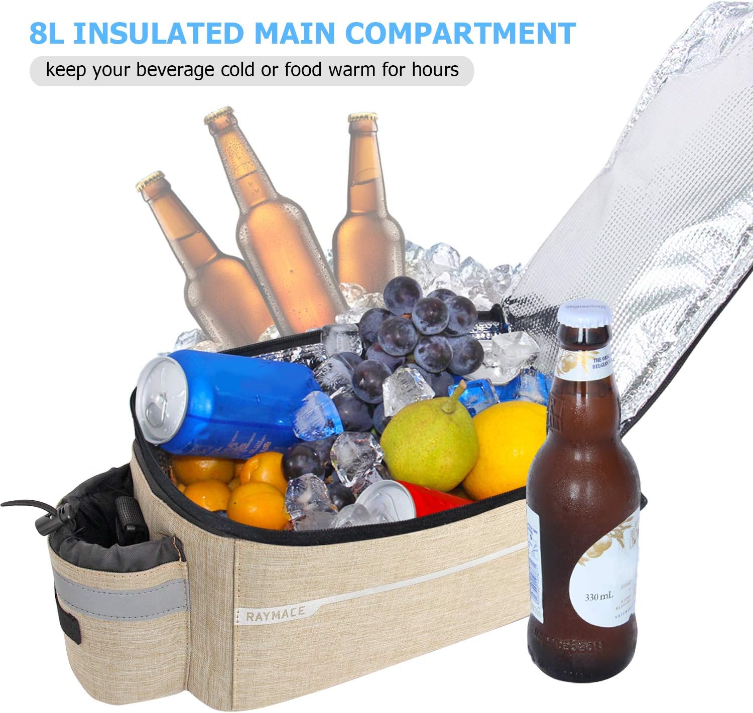 RAYMACE Bike Trunk Cooler Bag with Tail Light,Bicycle Rear Rack Bag Insulated Storage 8L,Pannier Bag (Beige) : Sports & Outdoors