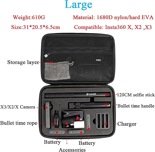 Miniatura 3 de Estuche de transporte para cámara Insta360 X3 X2 X, carcasa rígida grande con bolsa de forro de EVA compatible con Insta 360 Bullet Time