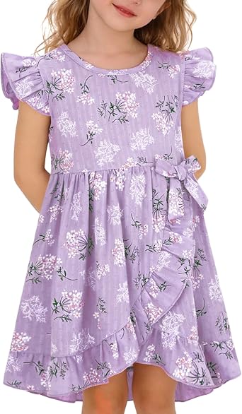YALLET Toddler Girl Dress Floral Flutter Sleeve Ruffle Hem Sundress 12M-5T | Outer fabric Cotton, Lining Polyester, Round neck, Pull On, Waist Bow, Girls Summer Dress