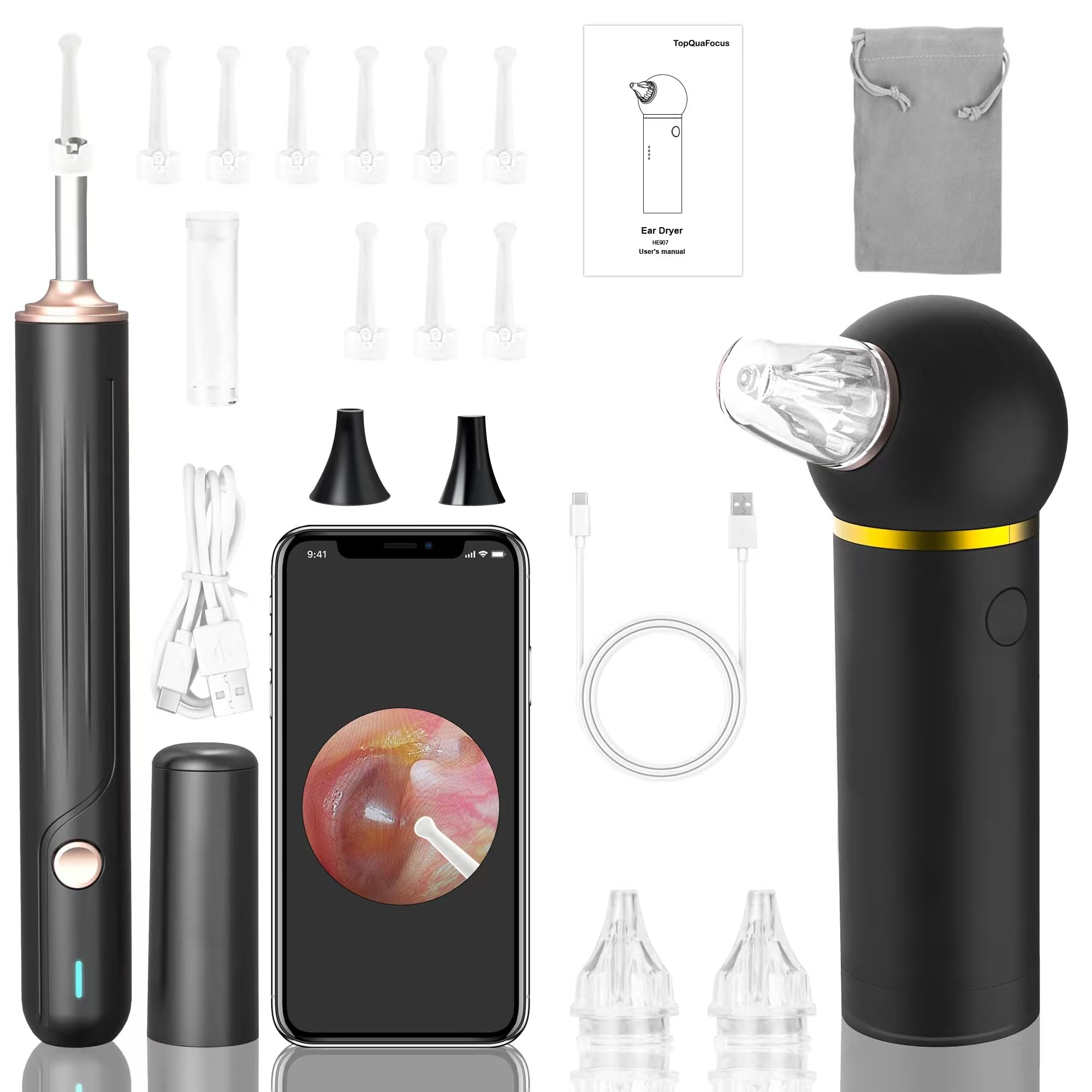 Ear Dryer and Ear Cleaner Camera 1000P HD Otoscope Ear Water Remover Gentle Warm Air with Red Light