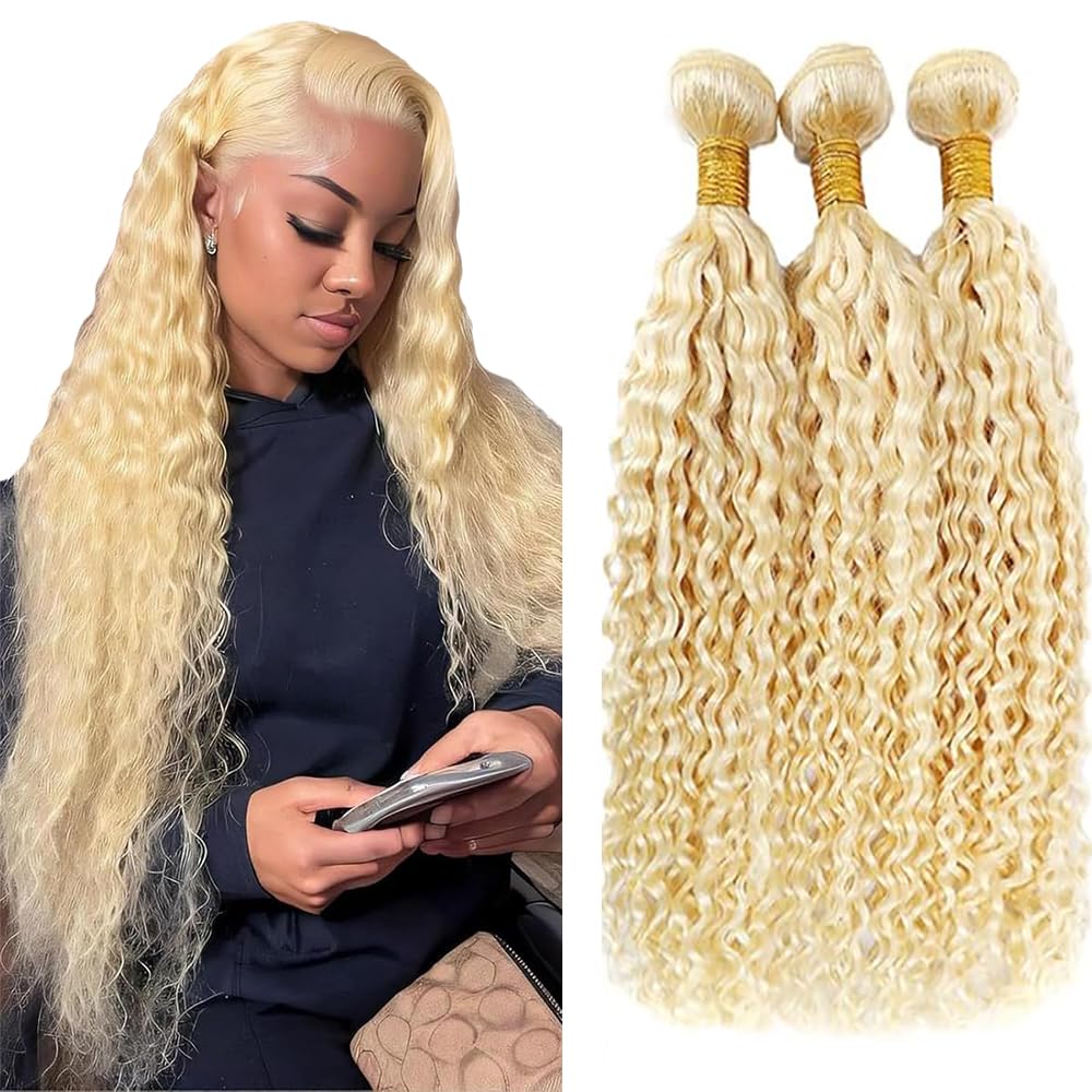 Tuheerst Water Wave Bundles Human Hair #613 Blonde Color Doubles Weft Weave 3 Bundles Total 150g Unprocessed Human Hair Extension 24 26 28 Inch