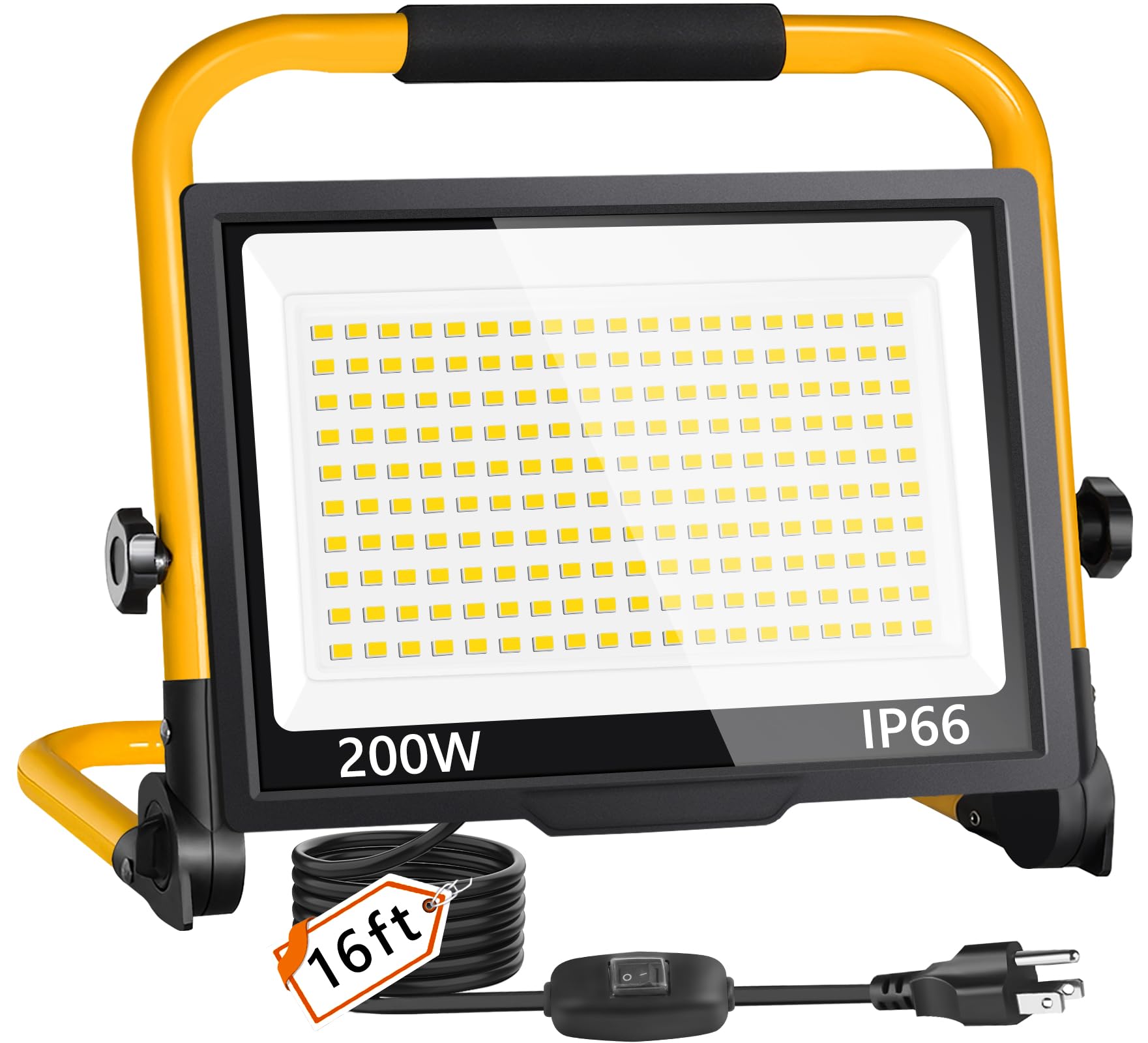 24000LM LED Work Light, 200W Ultra Brighter Flood Light with 16FT Cord Switch, Portable Worklight with Stand, 5000K IP66 Waterproof Outdoor