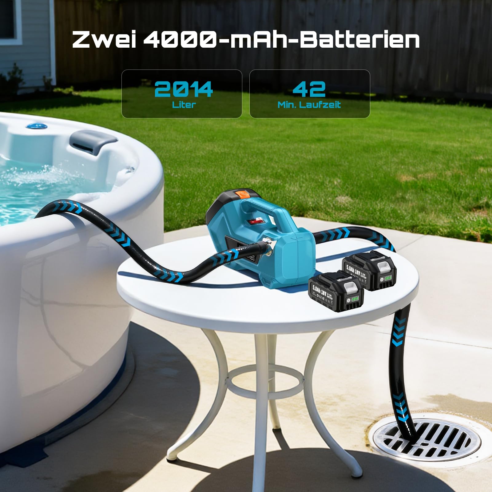 Seesii Pompa di trasferimento senza fili per acqua/diesel, 2880 l/h, autoadescante, batteria 2 × 4000 mAh, pompa elettrica portatile per camper, giardino, vasca idromassaggio, piscina, stagni, acquari