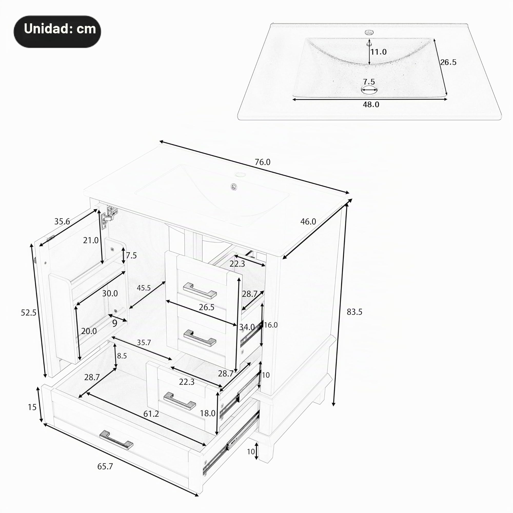 76 x 46 x 83,5 cm. Mueble de baño de pie con lavabo, lacado completamente, estantería para puerta, tres cajones silenciosos, lavabo de cerámica integrado, gris