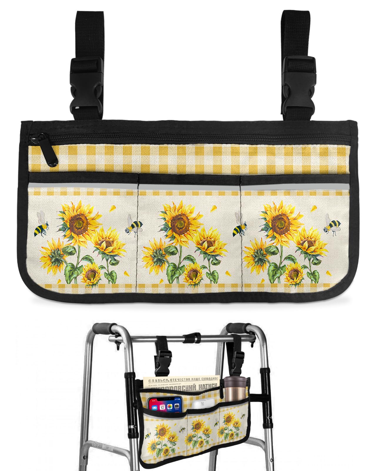 Sunflower Yellow Plaid Wheelchair Side Bag Walker Bag, Rustic Floral Checkered Wheelchair Accessories Armrest Pouch, Organizer Storage Bag for Walkers, Rollators, Scooters, 7.3''x13''