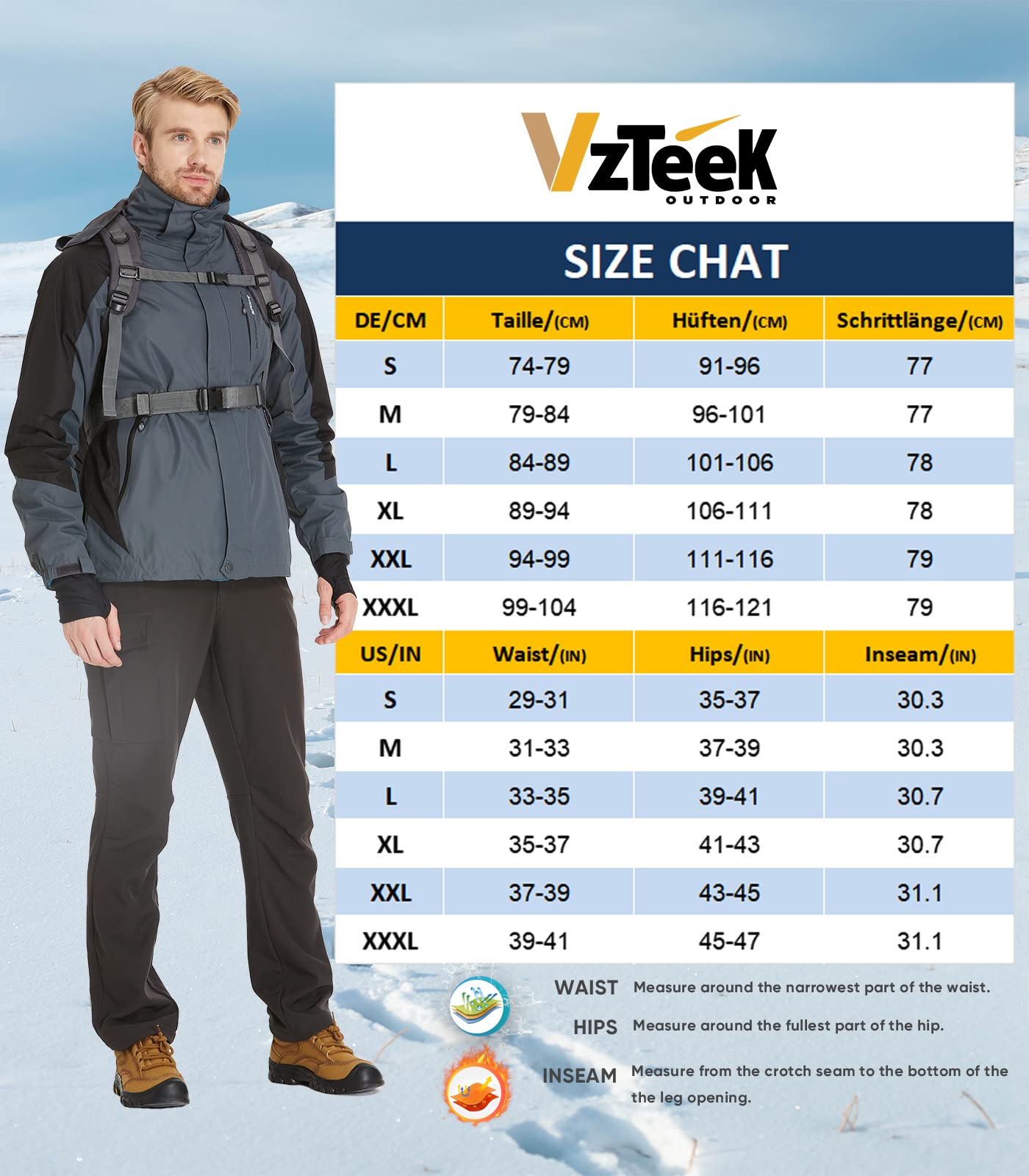 Pantalon de randonnée en softshell stretch pour homme - Imperméable - Pantalon de ski - Doublure chaude M Noir