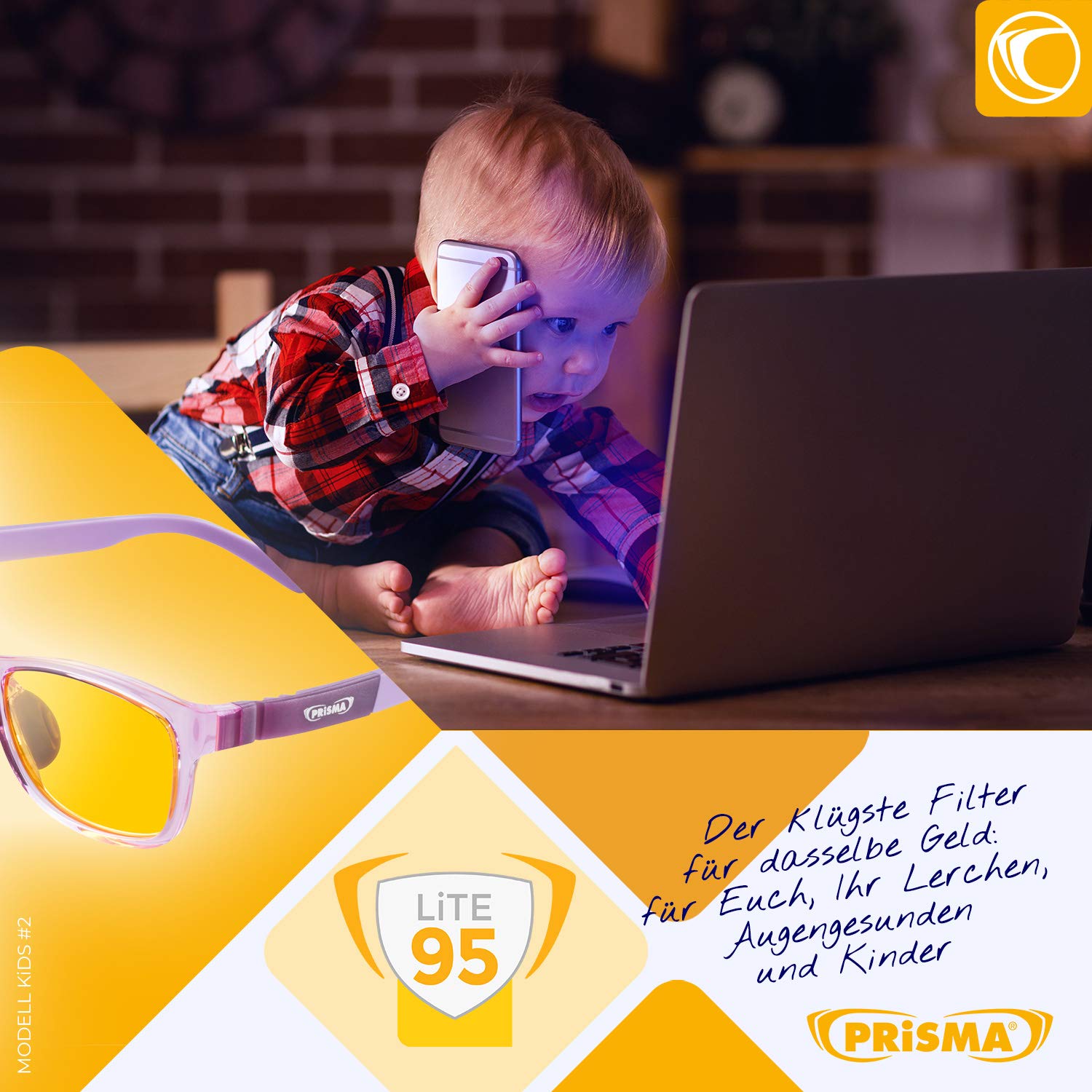 PRiSMA Gafas de filtro de luz azul para niños con filtro de luz azul LiTE95, gafas infantiles K2704 con 95% de filtro azul y montura robusta en color lila