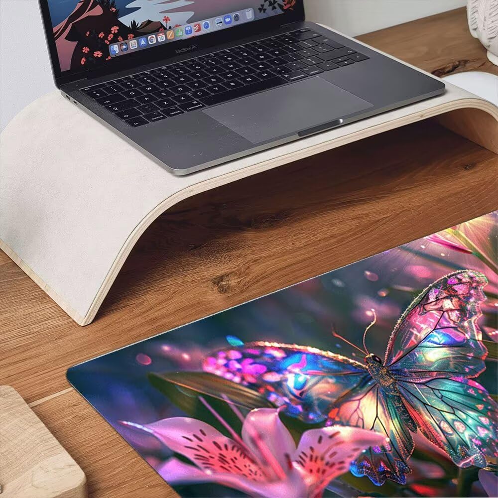 Podkładka pod mysz dla graczy, 1200 x 600 mm XXL podkładka pod mysz do gier duża, zmywalna klawiatura biurowa antypoślizgowa gumowa wodoodporna gumowa krawędź, gracz komputer PC, różowy motyl xR5-164