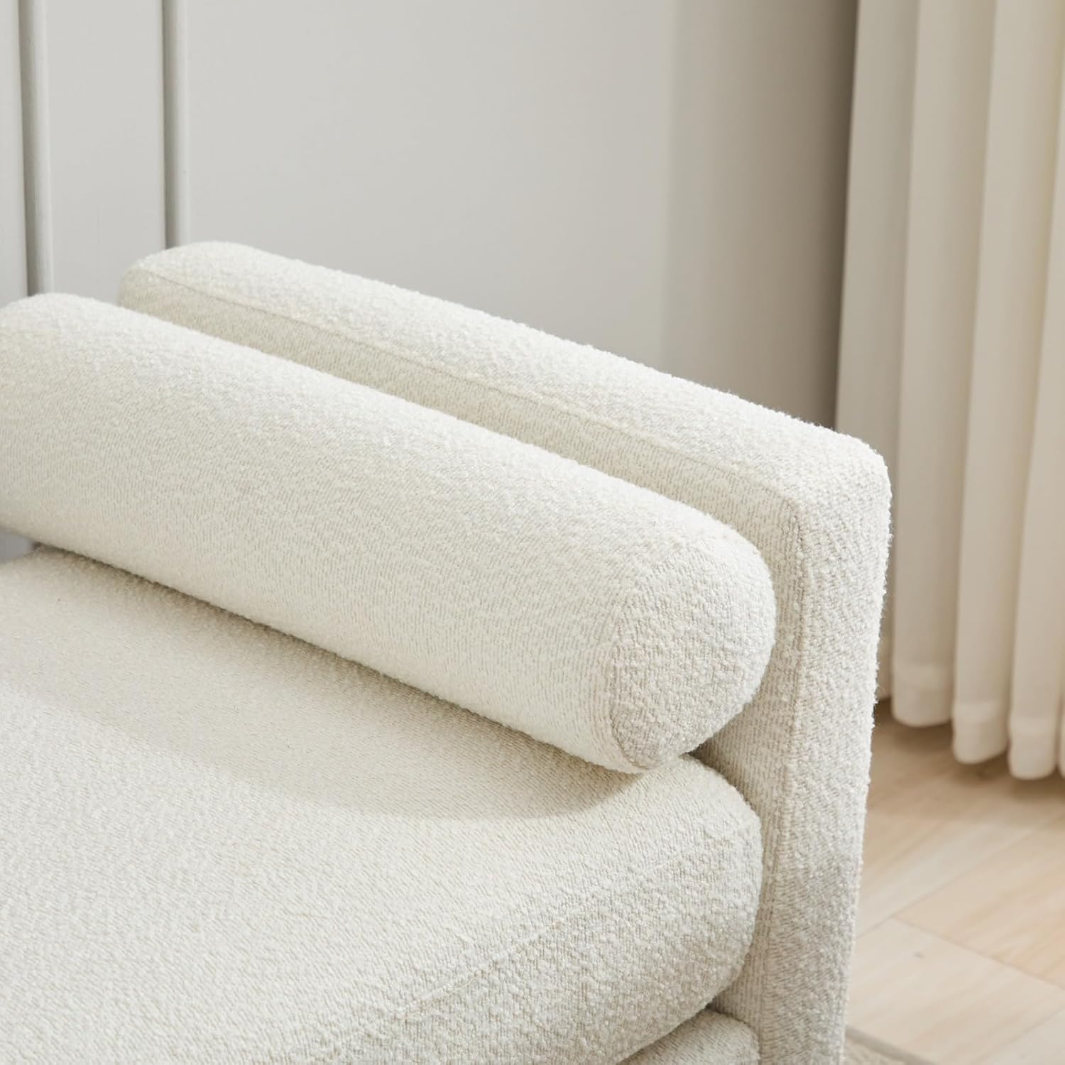 KEIKI Oversize Boucle Bench Ottoman with 2 Bolster Pillows & Wood Legs, Upholstered End of Bed Daybed Seating, Foot Rest Stool Furniture for Bedroom, Living Room, Entryway, Ivory Natural