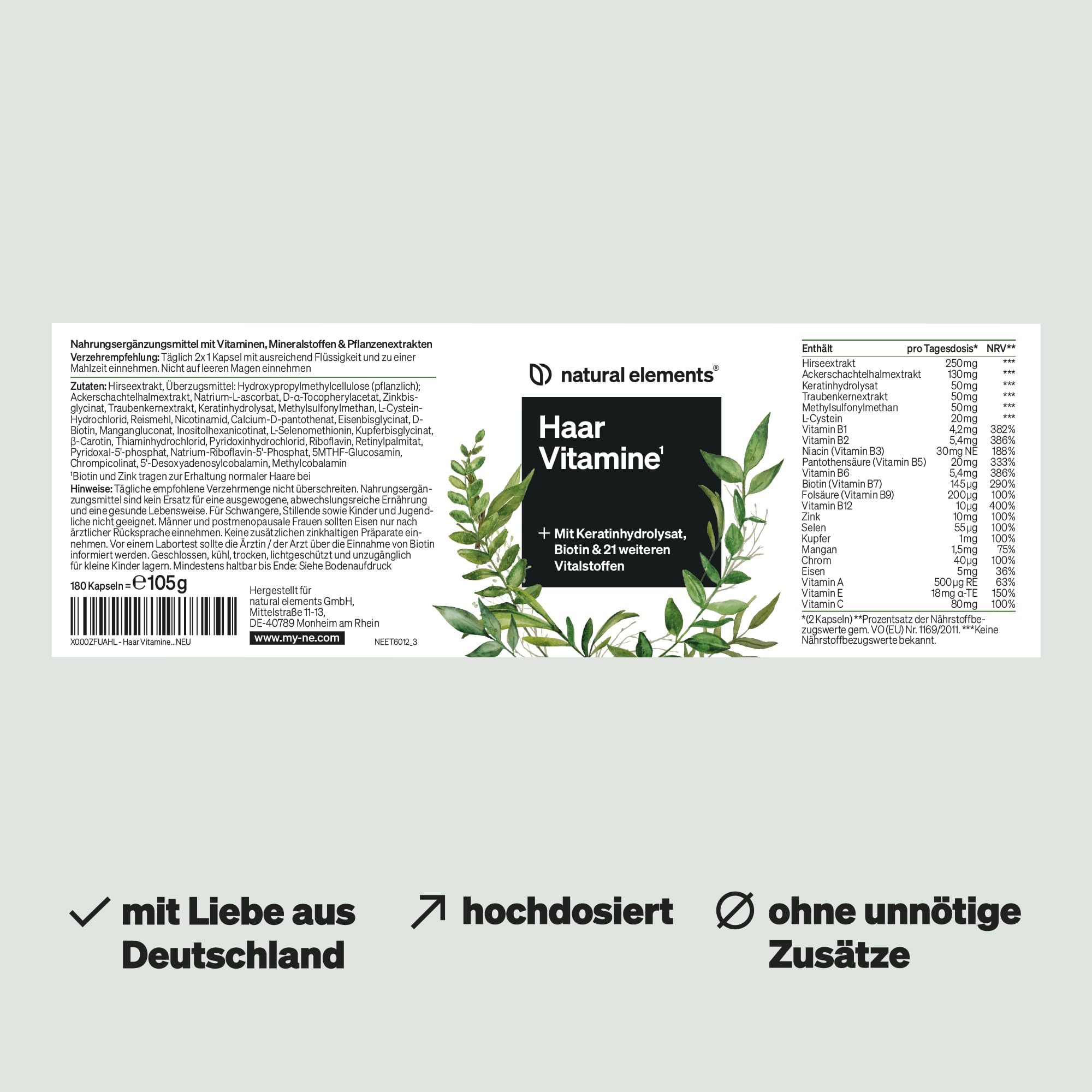 natural elements Haar Vitamine – 180 Kapseln – hochdosiert mit Keratinhydrolysat, Biotin, Selen, Zink, Hirseextrakt, B-Vitaminen & mehr – für Haare, Haut & Nägel* – laborgeprüfte Qualität