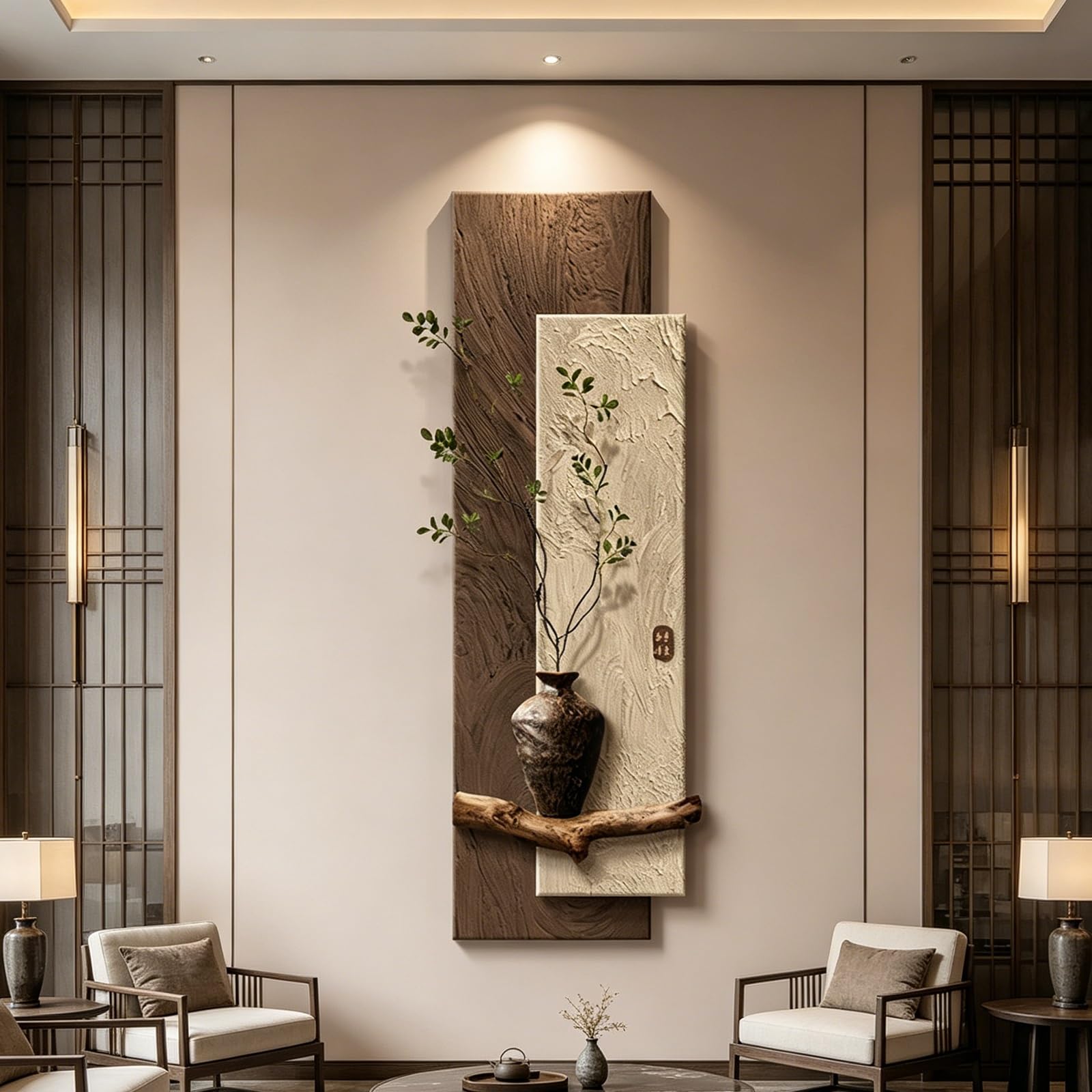 PGZMDTWI 3D Wall Art with Sandstone Texture, LED Lighted Sculpture for Living Room Entrance Zen Décor(A,50 * 150CM 9.7 * 59.1)