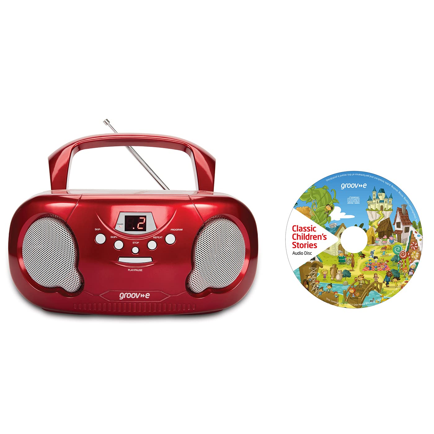 Groov-e Orginal Boombox & Kids Story CD Bundle - Portable CD Player with Radio, 3.5mm Aux Port, & Headphone Socket - CD Features 10 Classic Children's Stories - Battery or Mains Powered - Red