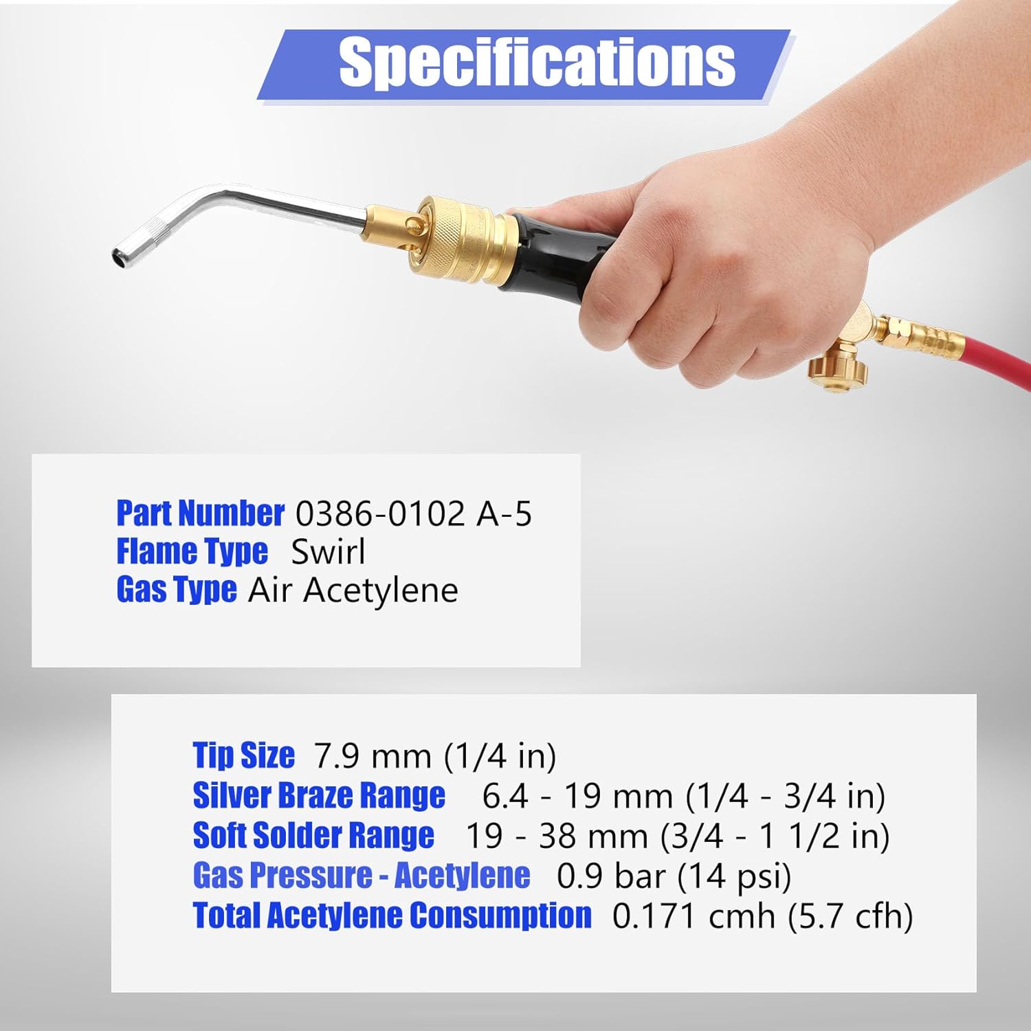 0386-0102 A-5 Air Acetylene Tip for Torch PLF-A5 or G-4 Handles, Tip Size 1/4", Soft Solder 3/4 to 1-1/2", Silver Braze 1/4 to 3/4", Manual Lighting, Quick Connect, Removable Orifice Screw