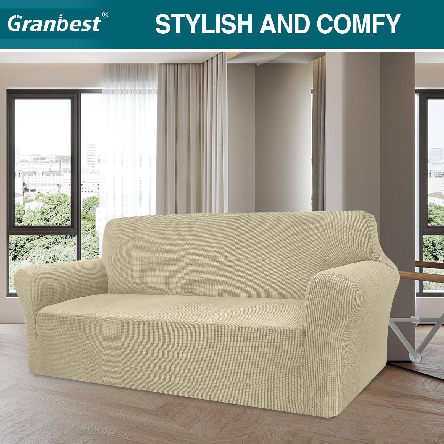 Granbest Copridivano ad alta elasticità, moderno copridivano jacquard, elasticizzato, per soggiorno, protezione per cani, animali domestici (3 posti, colore cachi)