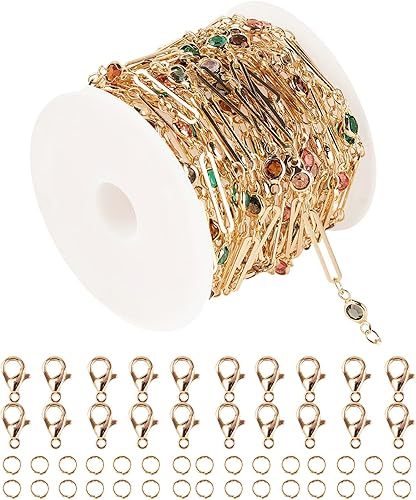 Miniatura 11 de Cadenas chapadas en oro de 33 pies, cadenas de eslabones de latón con forma de corazón con anillos de salto, cierres de langosta, cadenas para hacer