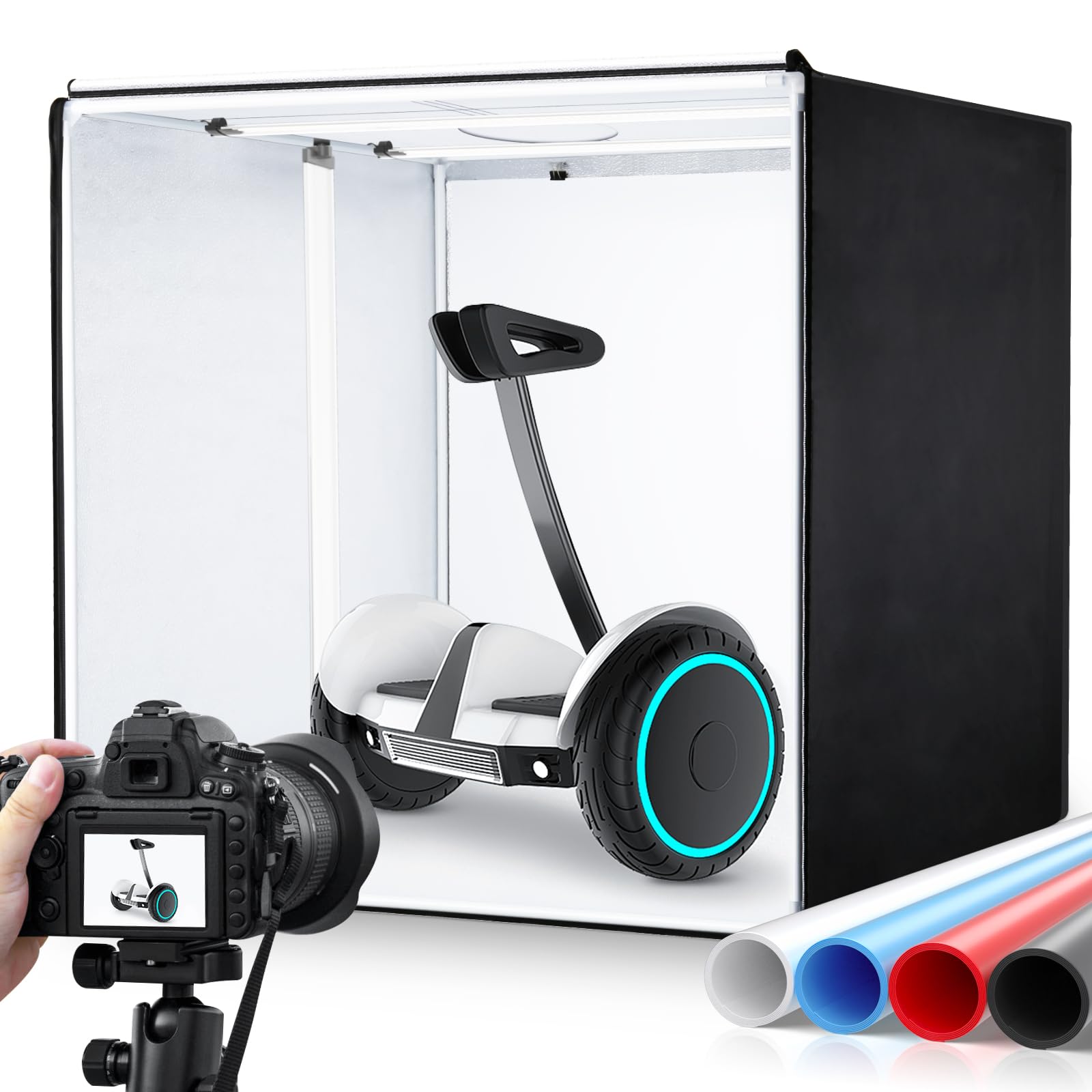 Boîte de studio photo, 99 x 99 x 99 cm, portable, pliable, tente de prise de vue avec lumières LED CRI95+ à intensité variable et 4 toiles de fond pour photographie de produits