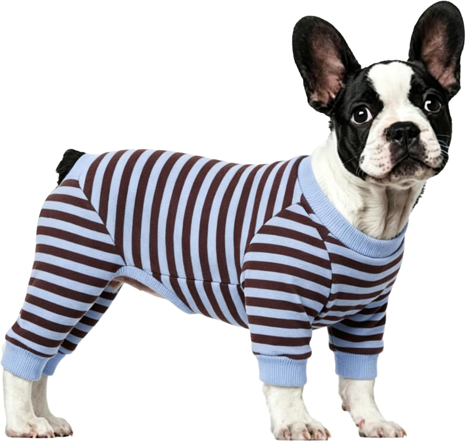 Striped Dog Sweater Shirt for French Bulldogs, Stretchy Four-Legged Daily Jumpsuit, Soft Warm Outfits for Bulldogs, Pitbulls, Full Body Dog Apparel (Blue&Brown, XXL (Chest:22'', Back:13''))