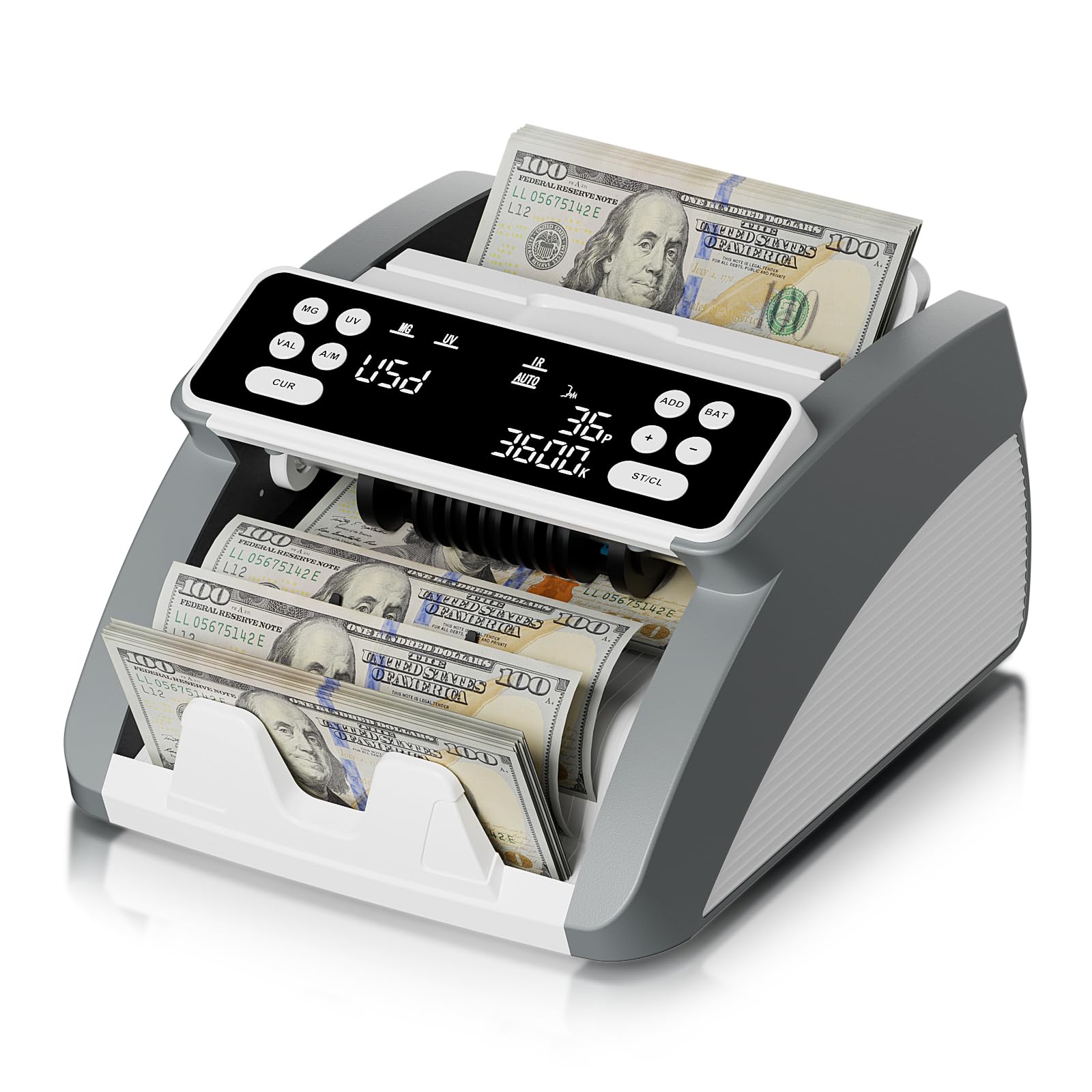 AROHANI Money Counter Machine with Value Count for USD and EUR, UV MG IR DD MT Counterfeit Detection, Count Add Batch Auto Modes, Cash Counter with LED Display, Compact Powerful Design,White