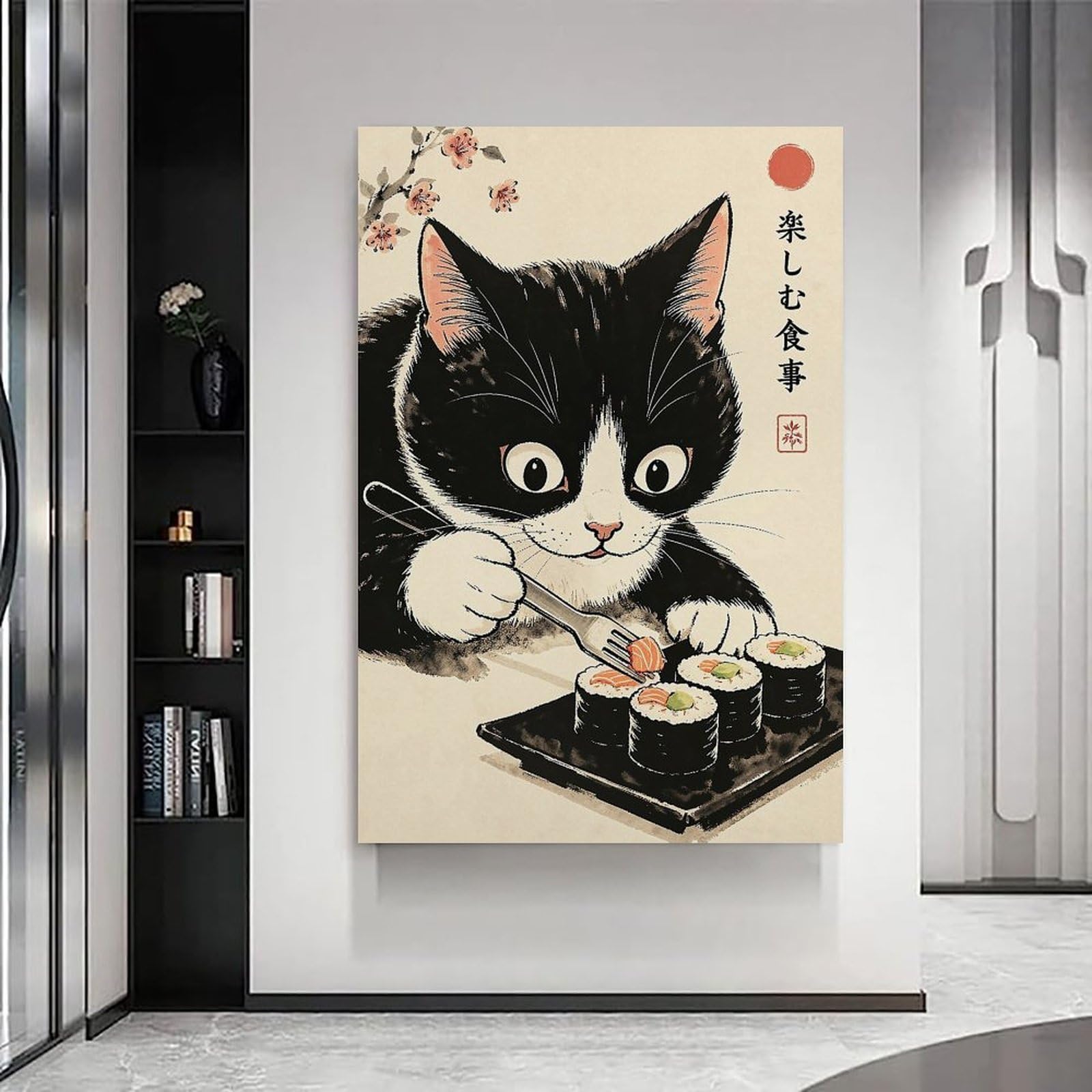 Lienzo decorativo para pared con diseño de gato sushi inspirado en Japón, póster de gato kawaii en blanco y negro, diseño de gatito comiendo sushi para cocina, comedor, decoración para amantes de los