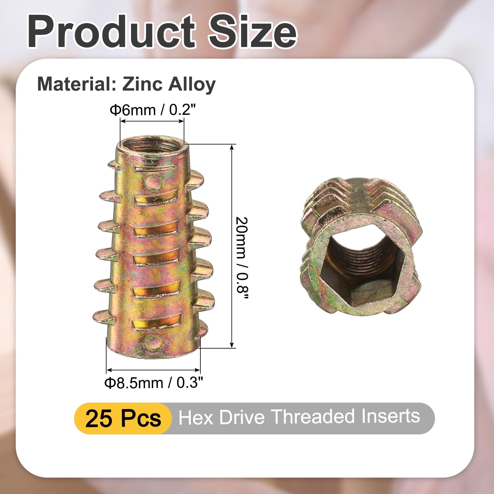 PATIKIL 25pcs Hex Drive Threaded Inserts for Wood M6 x 20mm Zinc Alloy Threaded Insert Furniture Screw without Gasket for Wood Tools Flush Bolt Headless Hardware Nuts - Image 2