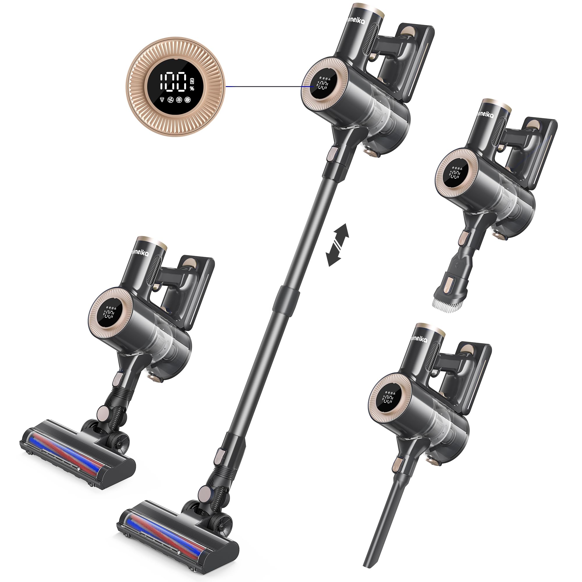 Homeika- Pro Version- 28k PA Cordless Vacuum- Digital Display- 50 Min Run Time- 3 Speeds- Telescopic – 300 Watts- Brushless Motor- 8 in 1- HEPA Filter- for All Floors- Detachable Battery Black ( Incomplete)