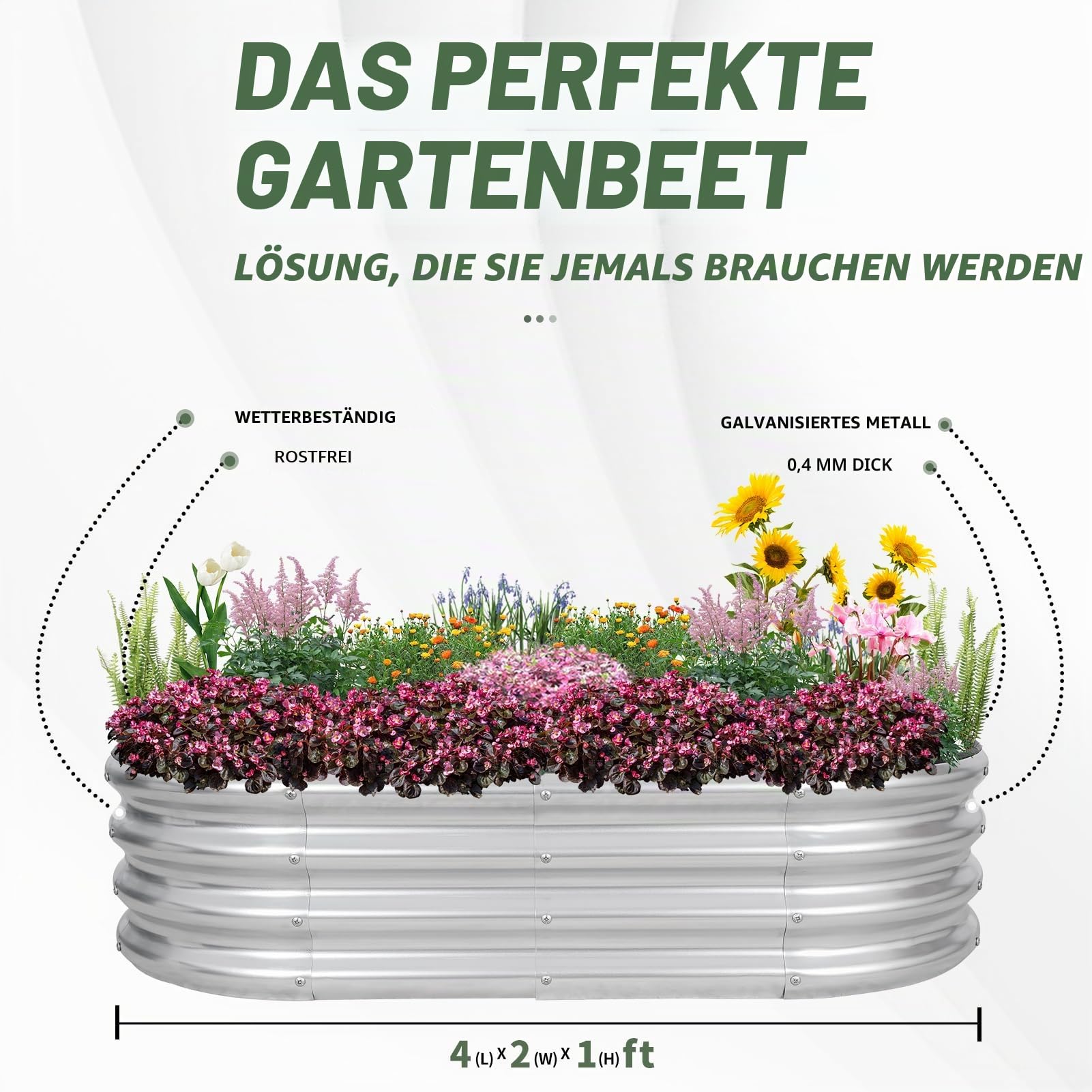 1MORE Verzinktes Hochbeet - Pflanzkübel für den Außenbereich, Hochbeete für Gartenarbeit, 1,2 x 0,6 x 0,3 m, Metall-Gartenbeet für Gemüse, Blumen, Pflanzgefäß Hochbeete mit Werkzeug, Silber, 2 Stück