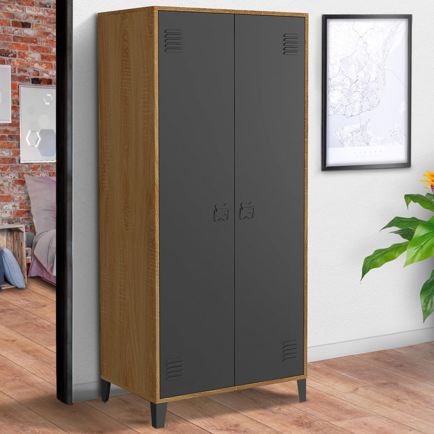 IDMarket – Armario Ester 2 puertas metal negro y contorno madera diseño industrial