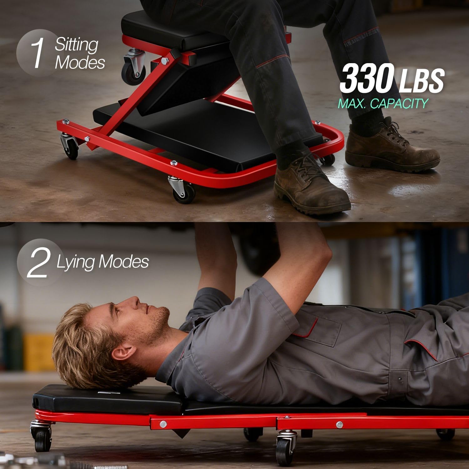 ‎ TOOLS-00186 40 Inches 2 IN 1 Rolling Folding Car Creeper/Seat, 6 Pcs 2" Casters, 150kg Weight Capacity, Red thumbnail