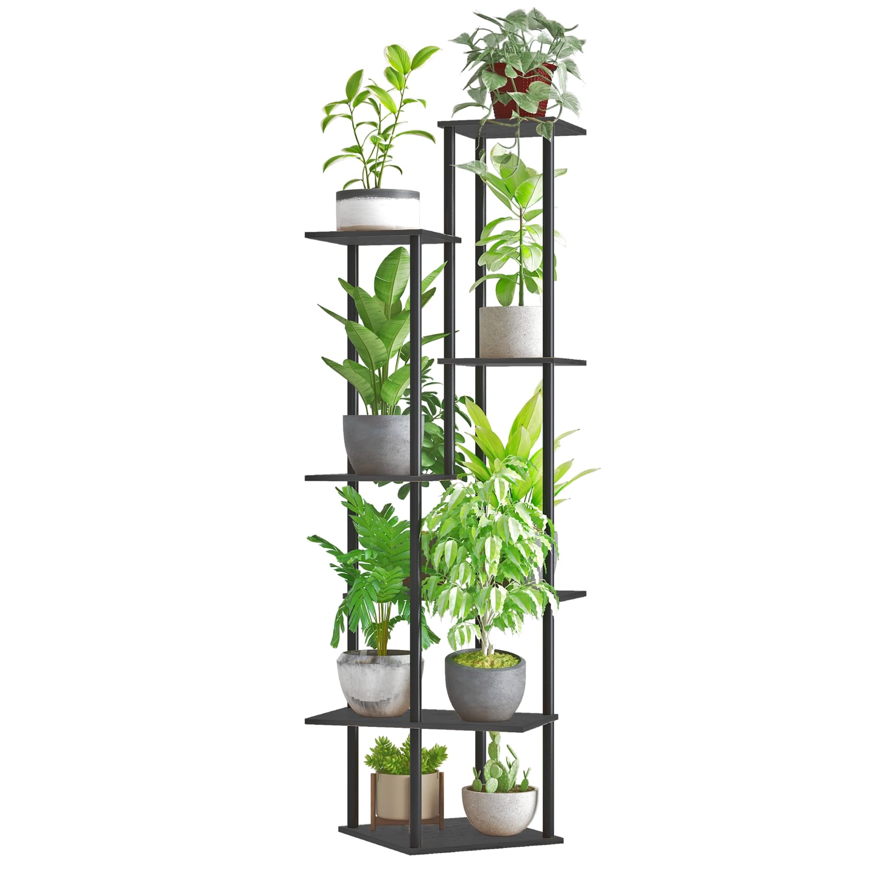 FONHAYE Tall Plant Stand Indoor, 7-Tier Modern Plant Shelf for Multiple Plants, Wood Metal Flower Holder for Living Room Balcony Bedroom, Black