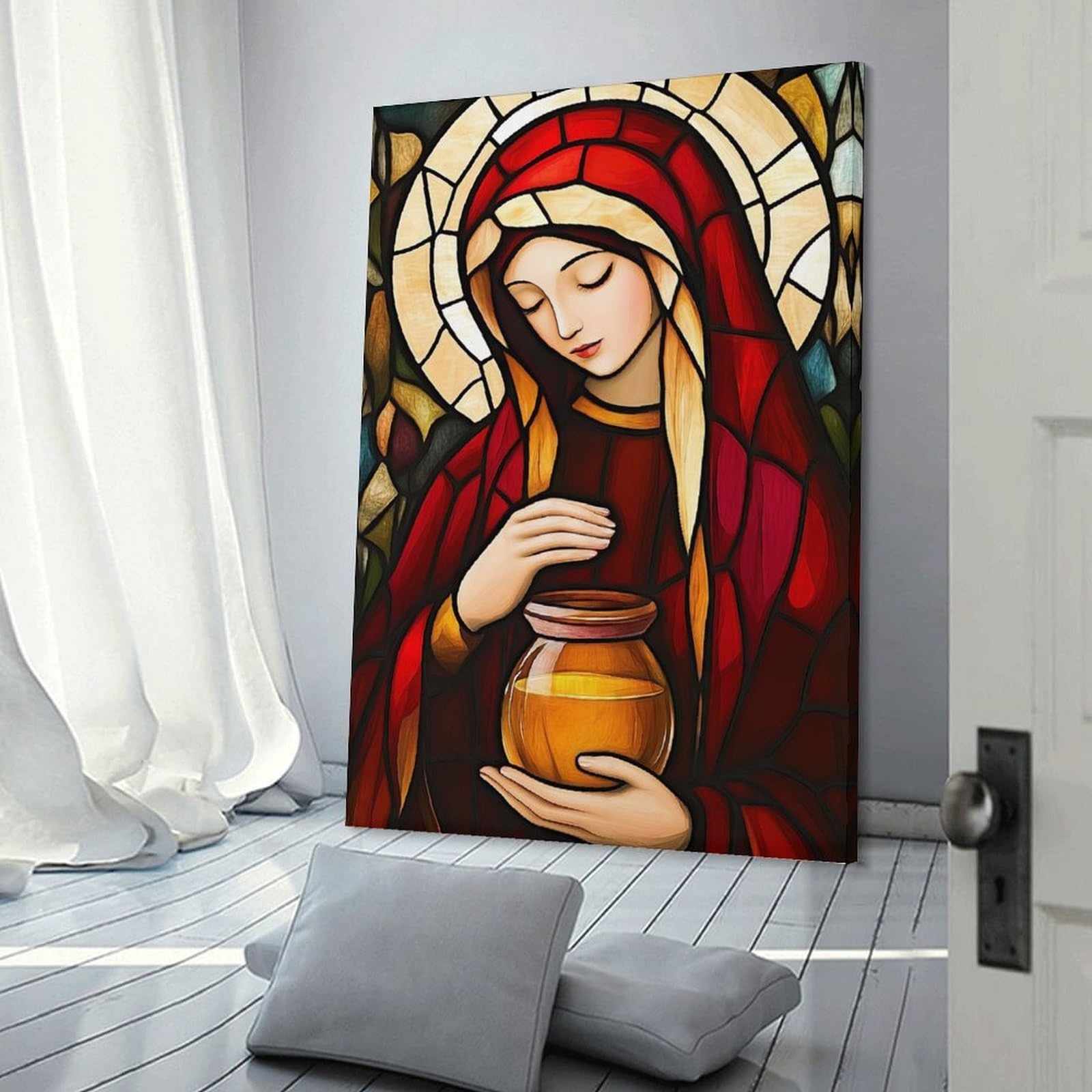 Junmoney Frame-Style-8 Canvas Wall Art Stained Glass Virgin Mary, 20X30inch(50X75cm), For Lounge, Study, Hallway Or Flat Walls, Canvas Wall Art That Fits Changing Layouts