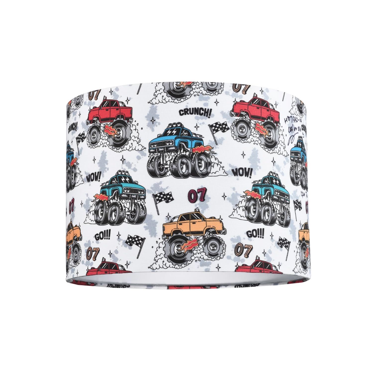 Happy Homewares Multi-Colour Modern And Colourful Monster Trucks Childrens Cotton Fabric Round Drum Lamp Shade | 25Cm Diameter | 60W Maximum | Inner Cotton Lining By